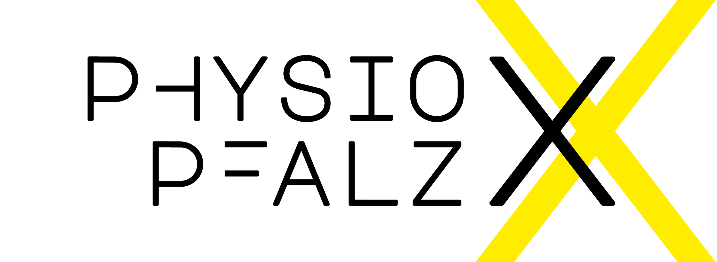 Schwarzer Hintergrund mit dem Text „PYSIOV D-ALZX“ in weißen, dünnen Linien, darüber große gelbe diagonale Streifen.