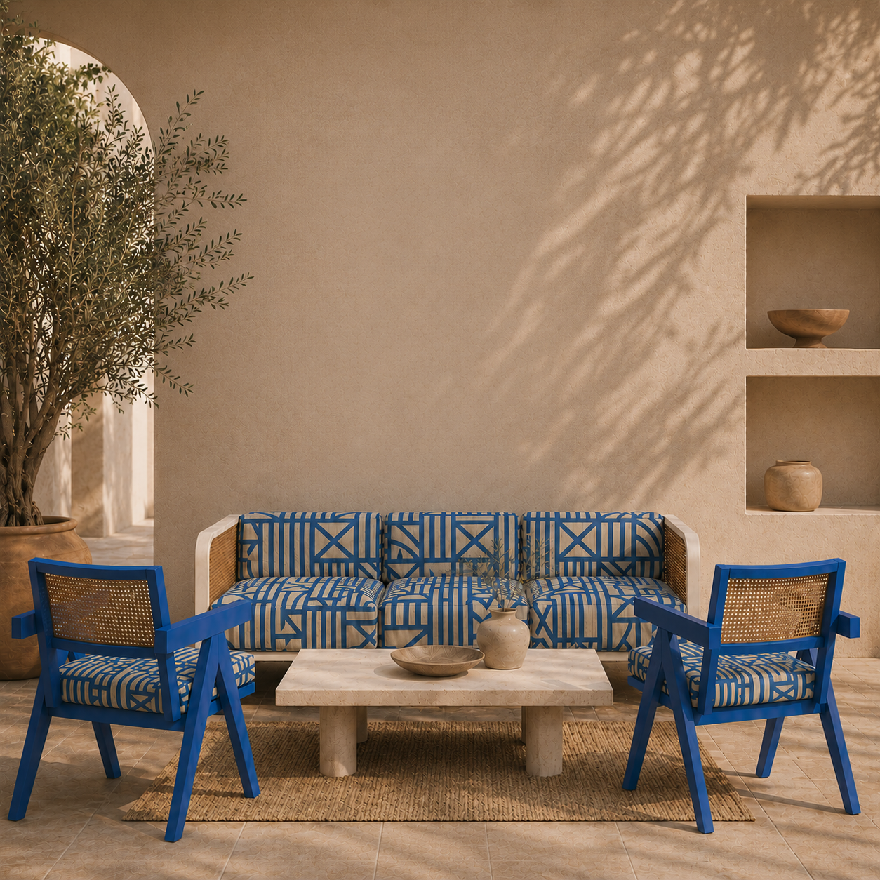 Living room with a beige wall, a large potted olive tree on the left, a beige couch with blue geometric patterned cushions, two blue chairs with matching cushions, a beige marble coffee table with decorative vases, a woven rug, and built-in wall shelves with decorative pottery. Shadows of the tree are cast on the wall.