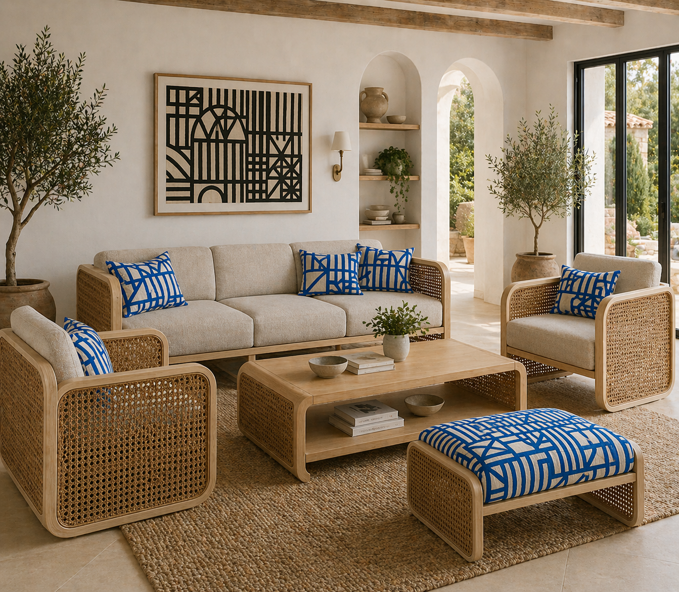 A living room with beige sofas and armchairs with wooden frames and blue patterned throw pillows. There is a rectangular wooden coffee table with a plant, books, and bowls. Two potted trees are on either side of large glass doors, and a black and whi