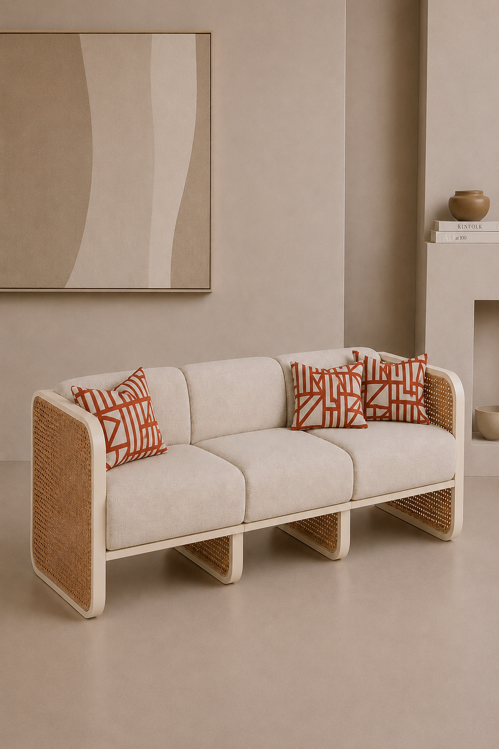 Cream&Orange Rattan 3 Seater Sofa