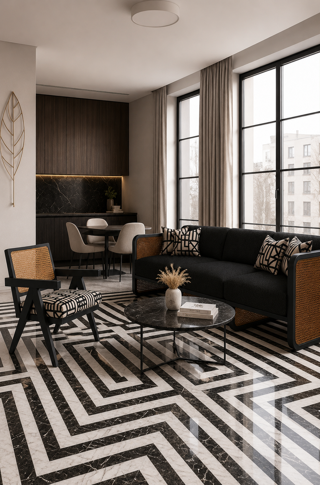 Modern living room with black and white geometric marble floor, black sofa with patterned pillows, round marble coffee table with a white vase and books, patterned chair, large windows with beige curtains, and a dining area with beige chairs and dark