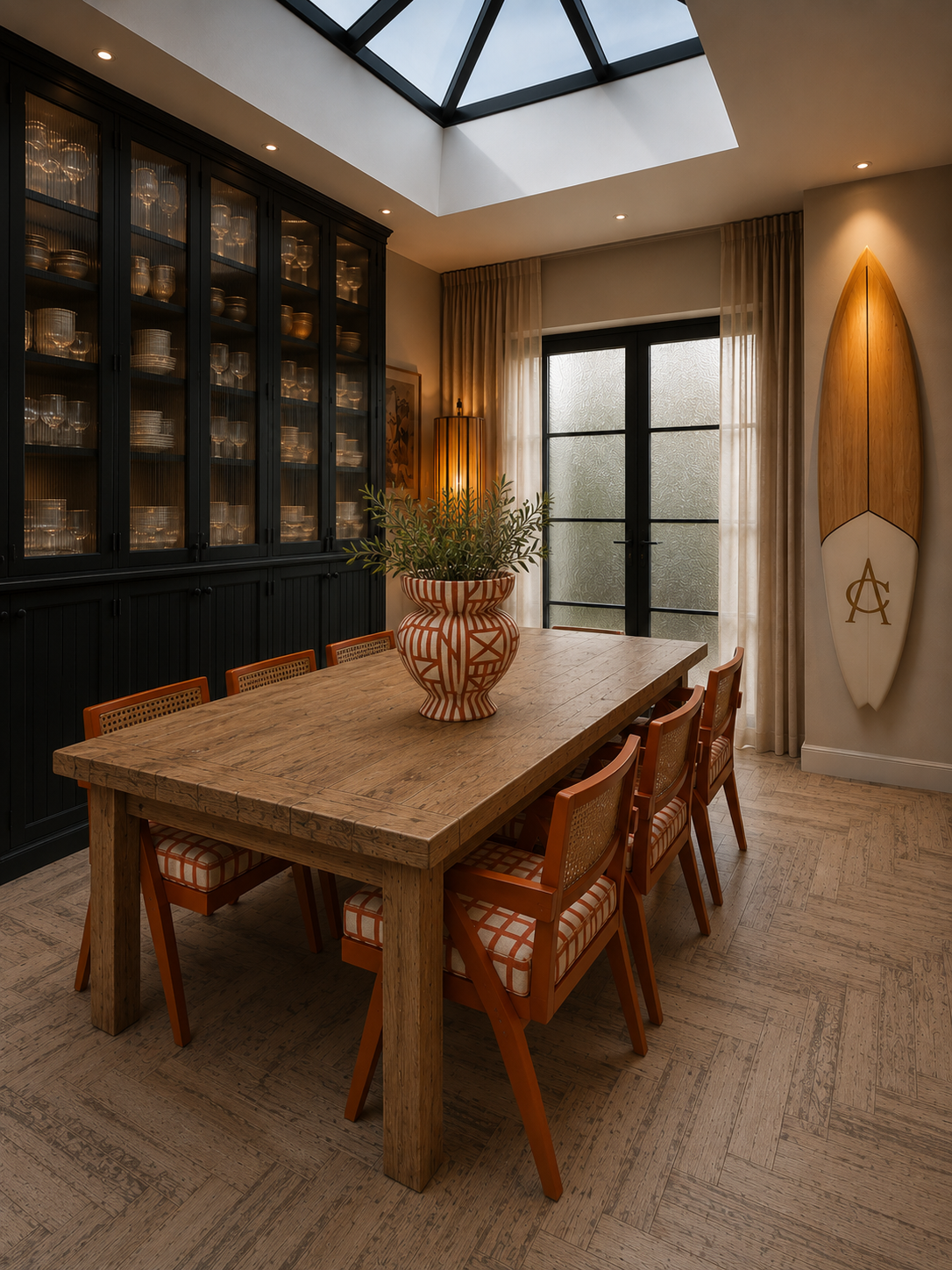 Dining room with wooden table, eight chairs with checked cushions, a large vase with greenery, a black glass-paneled cabinet filled with dishes, sliding glass doors, and a surfboard mounted on the wall.