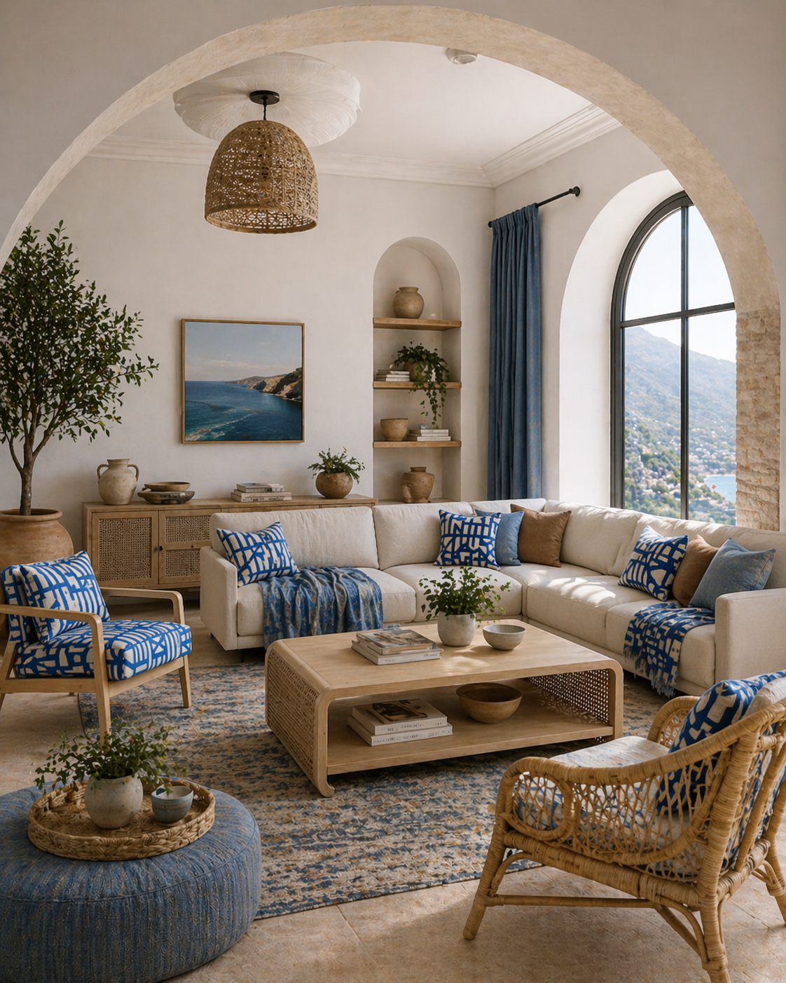 Living room with a sectional sofa, blue and beige throw pillows, rattan and wooden chairs, a coffee table, potted plants, a large arched window overlooking mountains, a painting of a coastline, and beach-inspired decor.