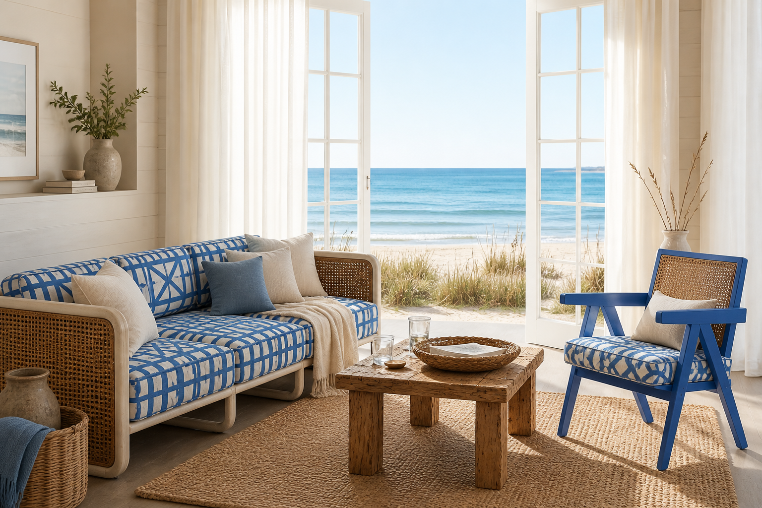 Living room with blue and white patterned sofa, blue armchair, wooden coffee table, and large open window showing beach and ocean view