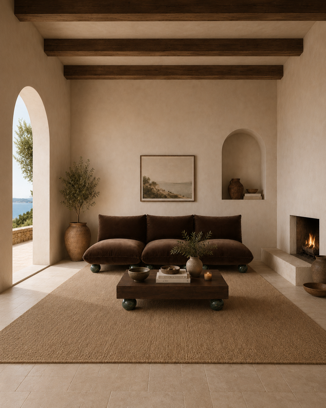 Living room with beige walls, wooden beams on ceiling, brown velvet sofa, framed landscape painting, potted plants, fireplace with lit fire, and a wooden coffee table with decorative bowls and candles.