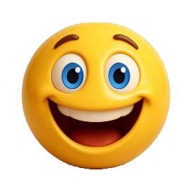 Smiling yellow emoji with big blue eyes and open mouth showing teeth.