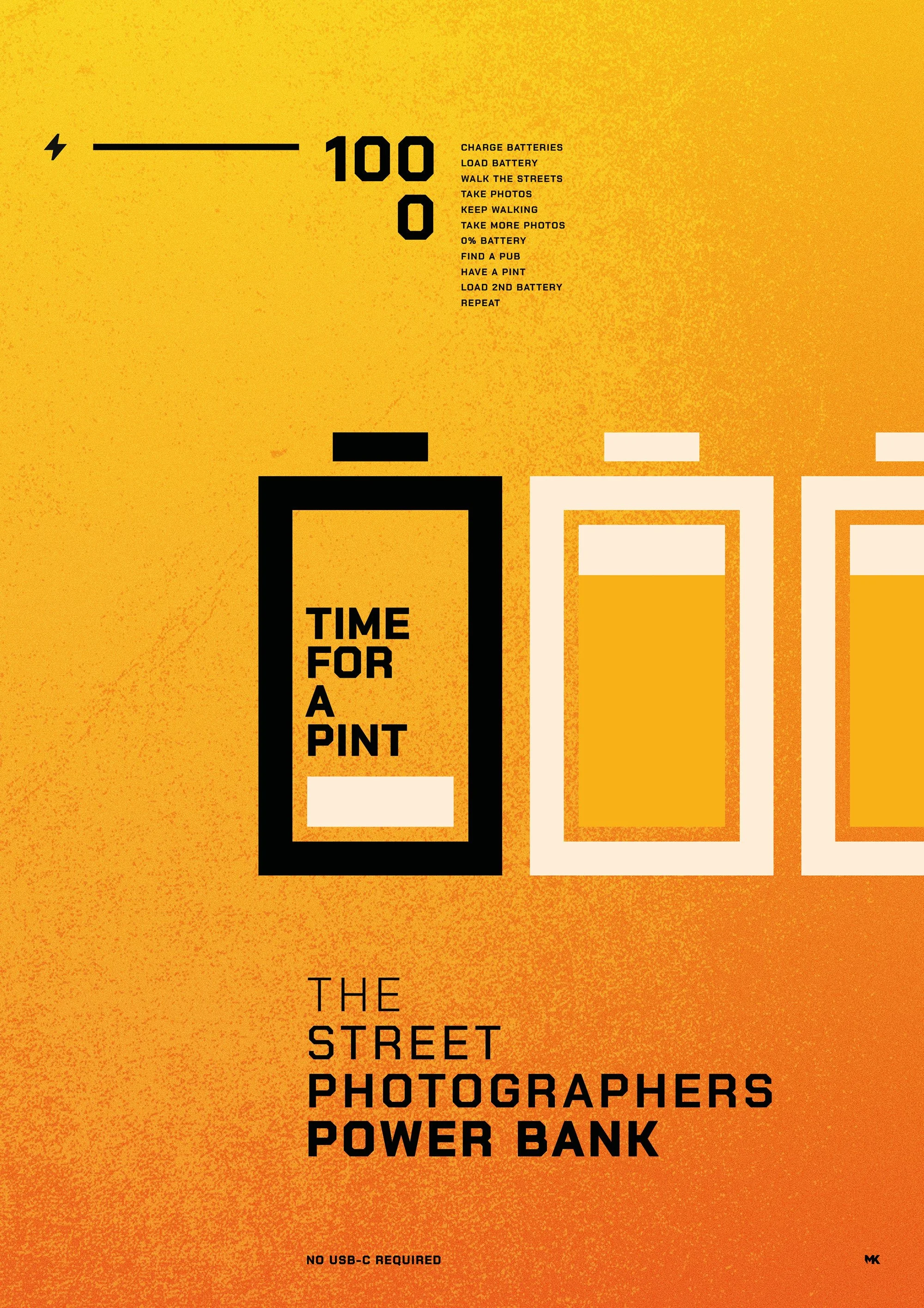Poster with a yellow background, featuring a graphic of a power bank and a list of steps for street photographers: charge batteries, load battery, walk the streets, take photos, keep walking, take more photos, find a pub, have a pint, load 2nd batter