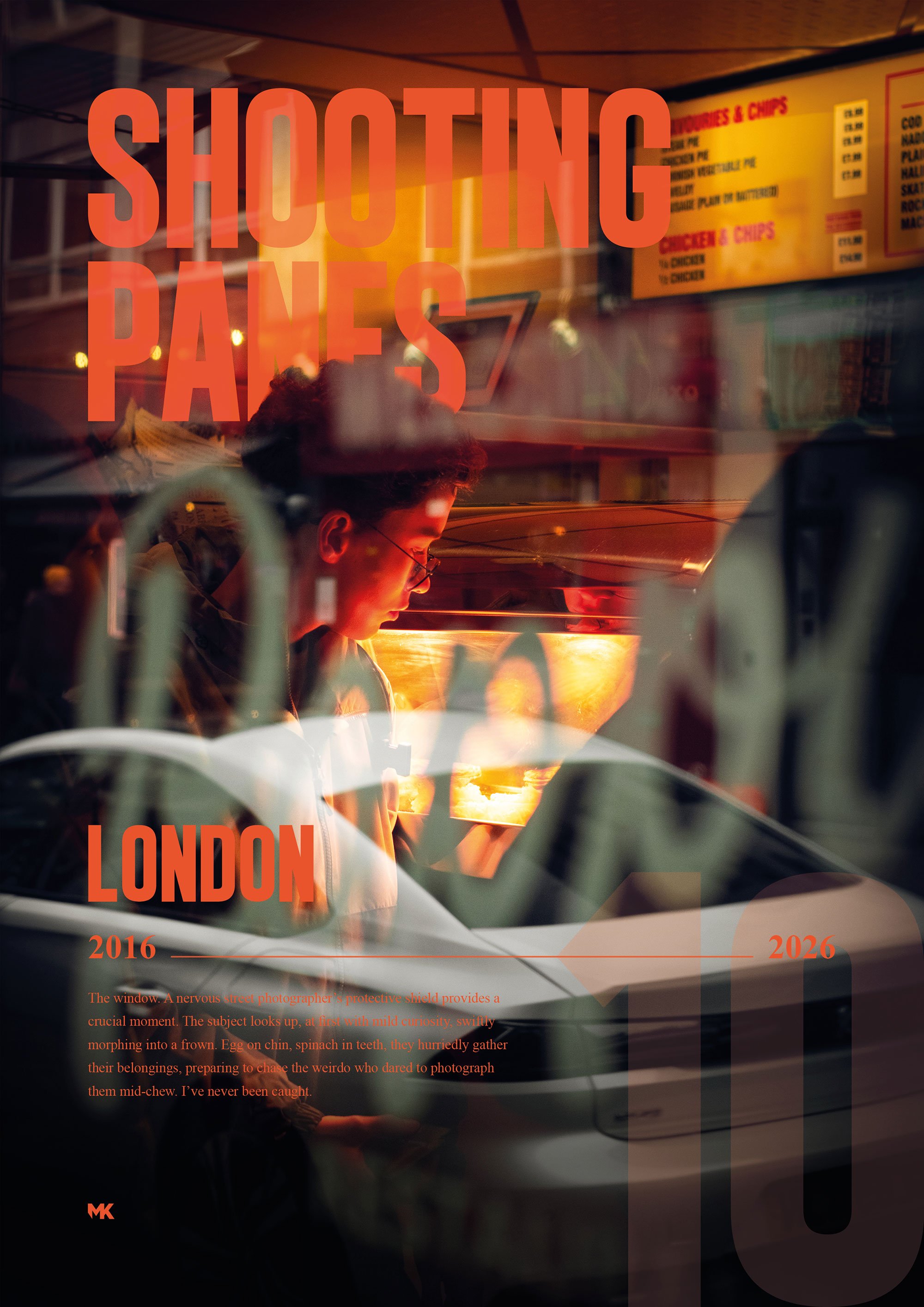 A person inside a car looking at a lit screen, seen through a window with a reflection of a yellow and red menu board with text, including the words 'Shooting Pans' and 'London', along with the years 2016 and 2026.