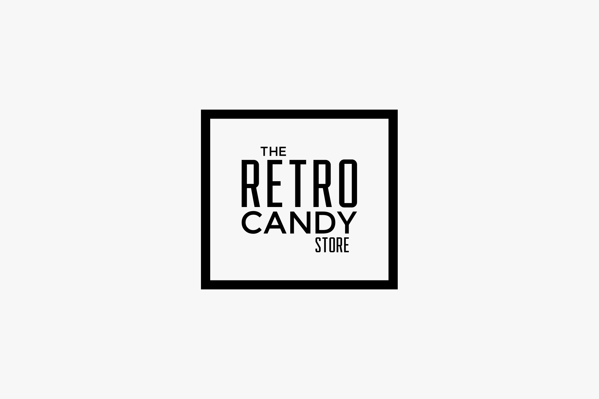 Logo for The Retro Candy Store in black and white with bold text inside a black square border, on a light gray background.