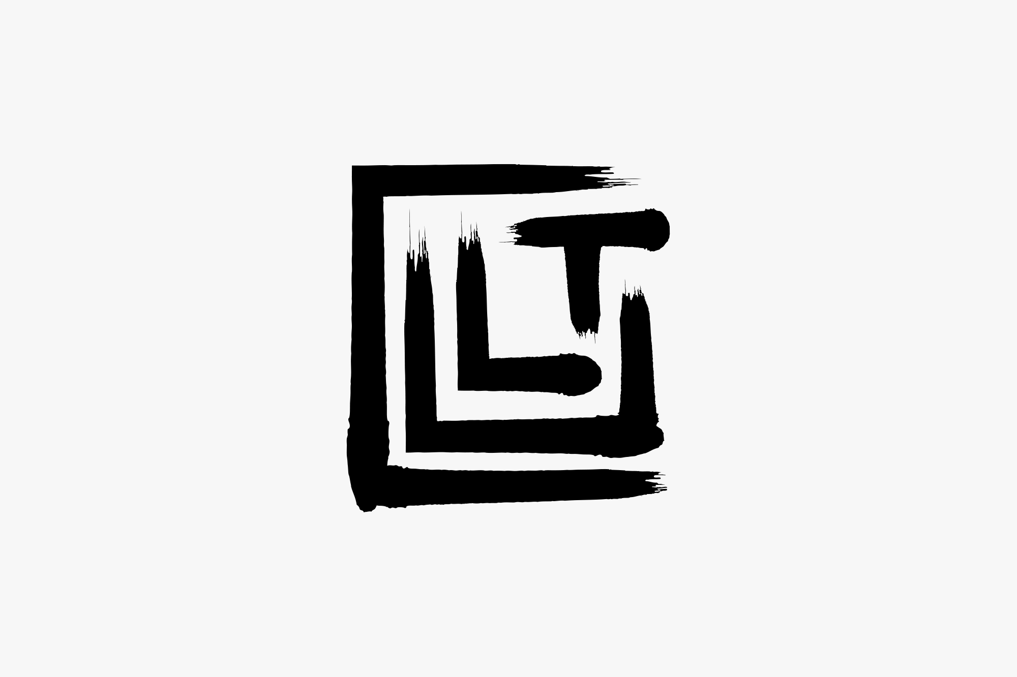 Black abstract logo with angular brushstrokes resembling the letters L, T, and a spiral or maze design, on a white background.