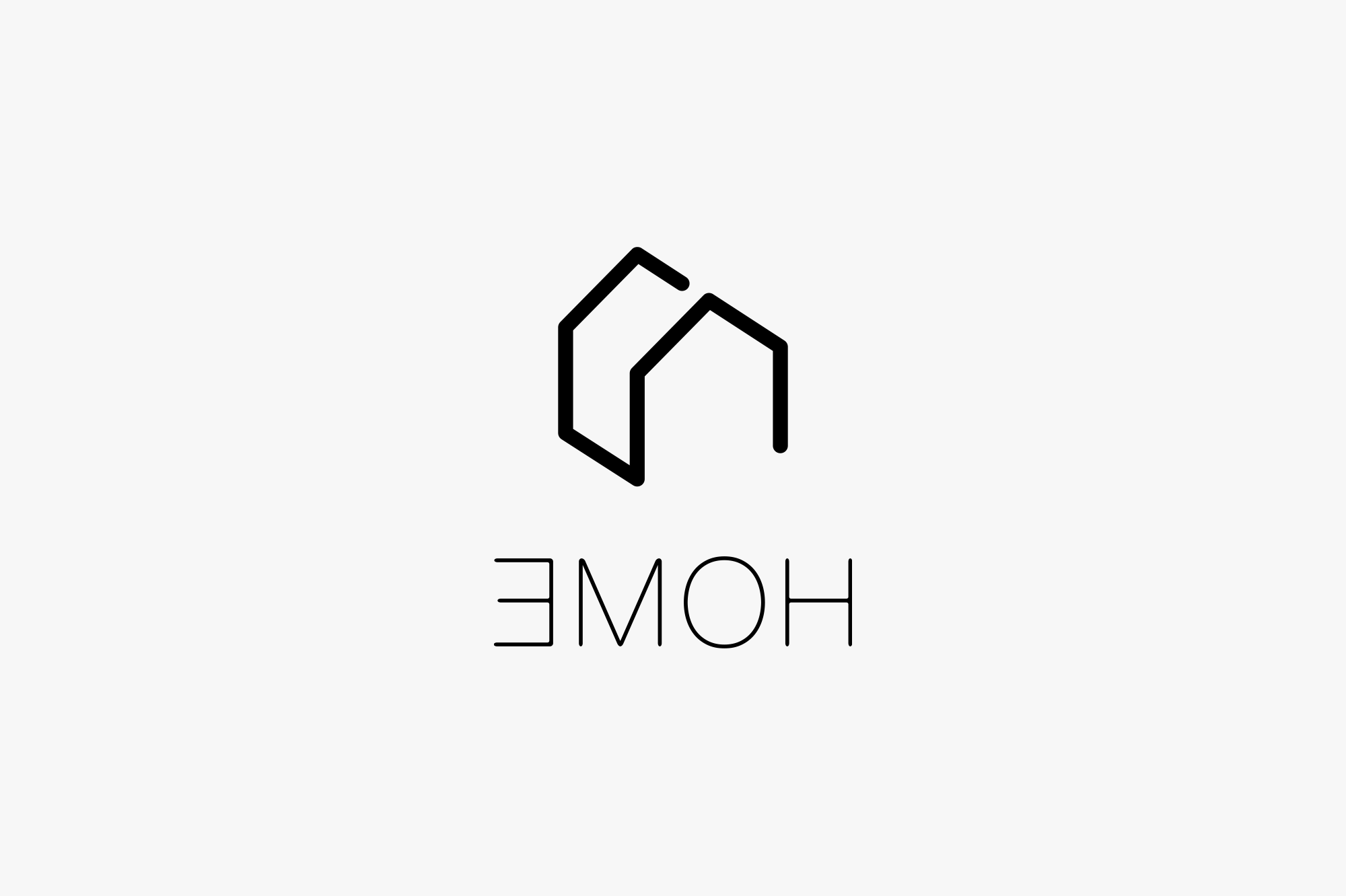 A minimalist black line drawing of a house with the word 'HOME' written upside down below it on a light gray background.