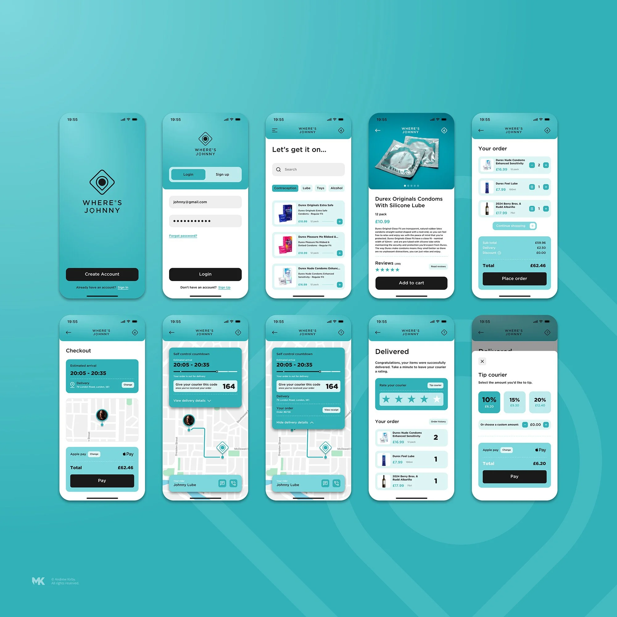 Series of mobile app screens showing the process of ordering condoms and lubricants, including login, browsing products, selecting a product with details, adding to cart, checkout, setting delivery time, tracking delivery on a map, rating courier, an