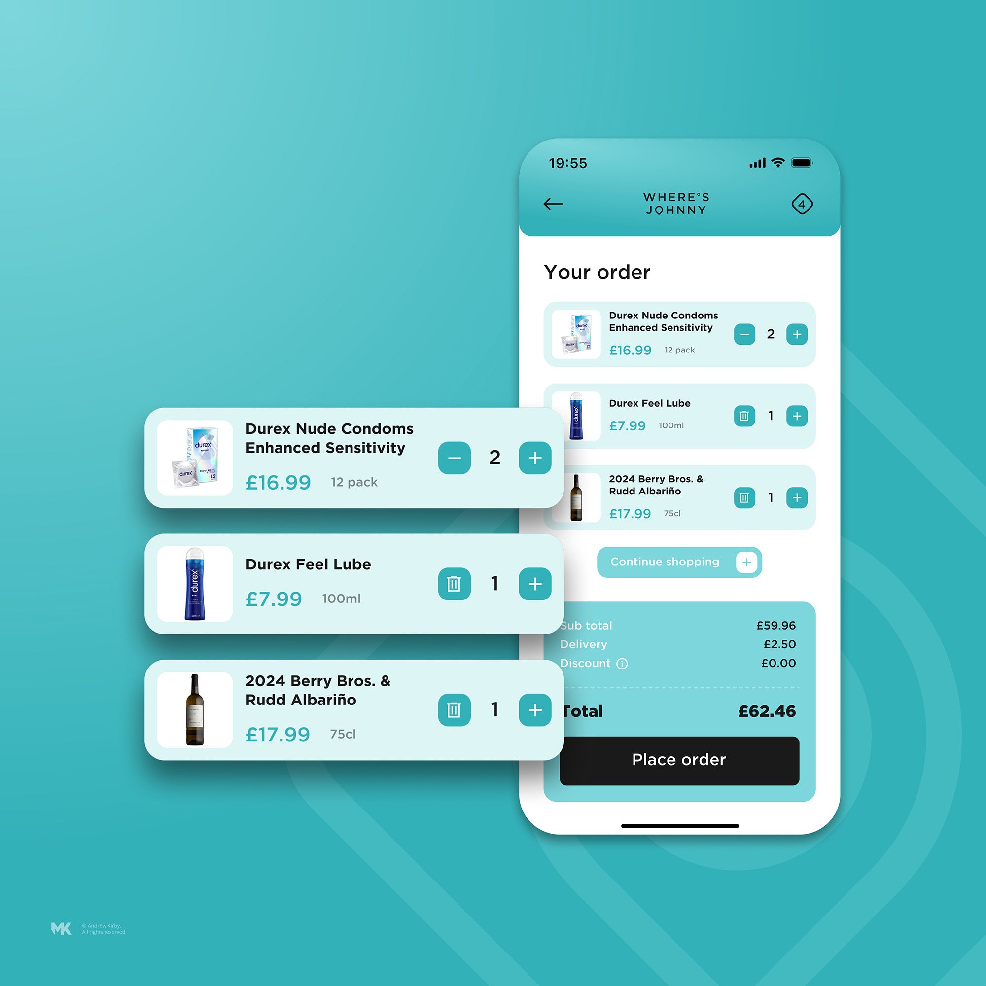 Smartphone screen displaying an online shopping cart with items including condoms, lubricant, and wine, total cost, and checkout button.