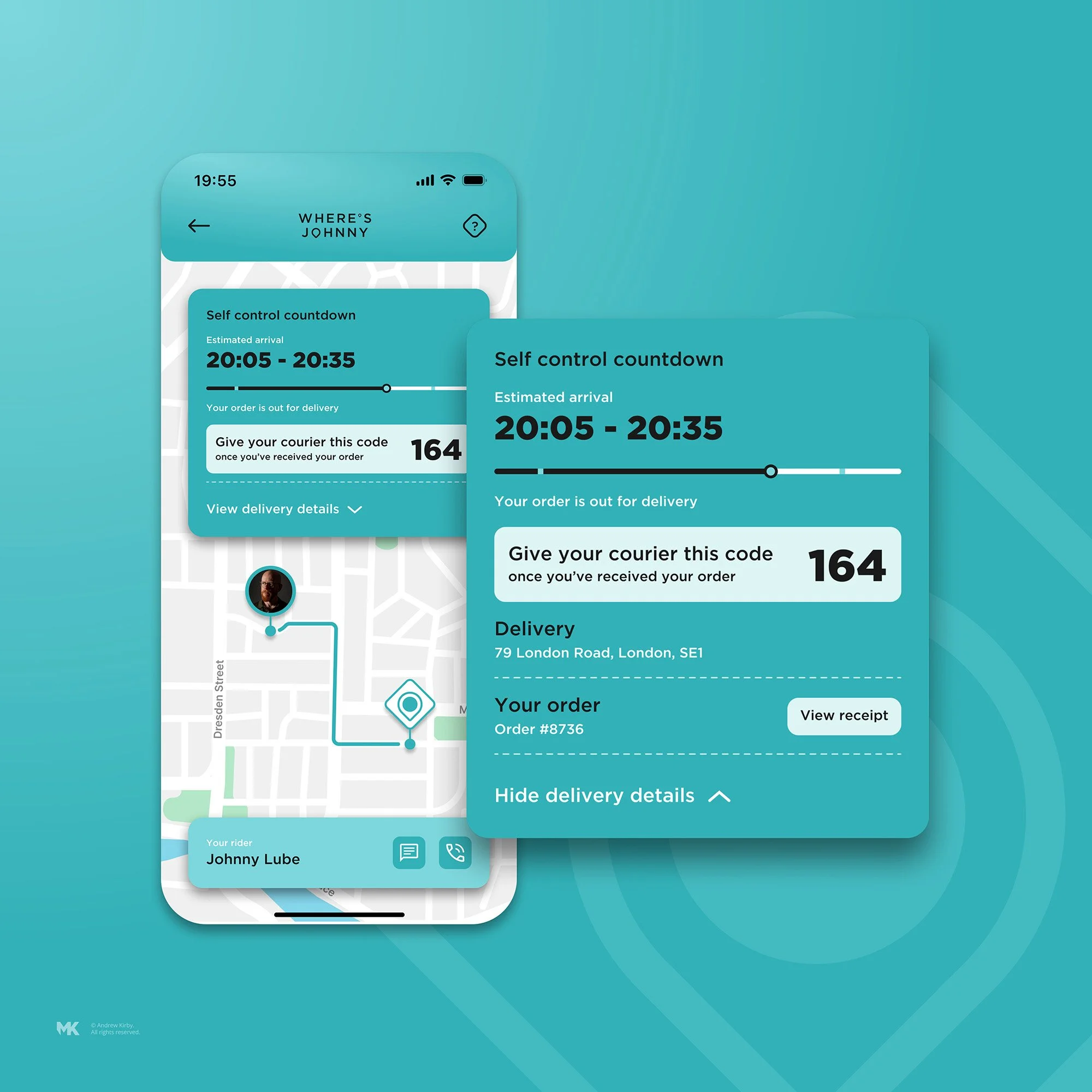 A mobile app screen showing a food delivery tracking interface with estimated delivery time between 8:05 PM and 8:35 PM, delivery address at 79 London Road, London, SE1, and a courier code 164. It includes a map with a route, a courier's photo, deliv