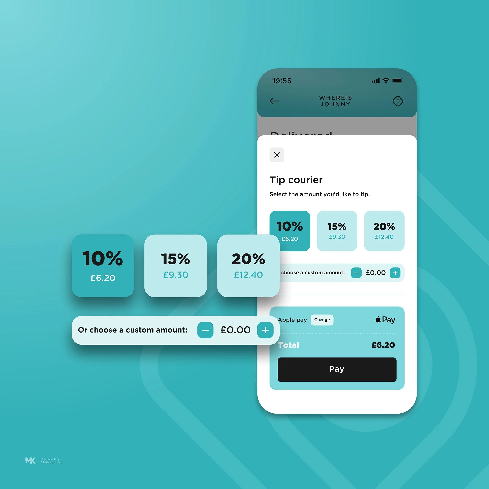 Mobile app interface showing tip options for a courier service, with a section to select a tip percentage or enter a custom amount, and a payment summary with a total of 6.20 pounds.