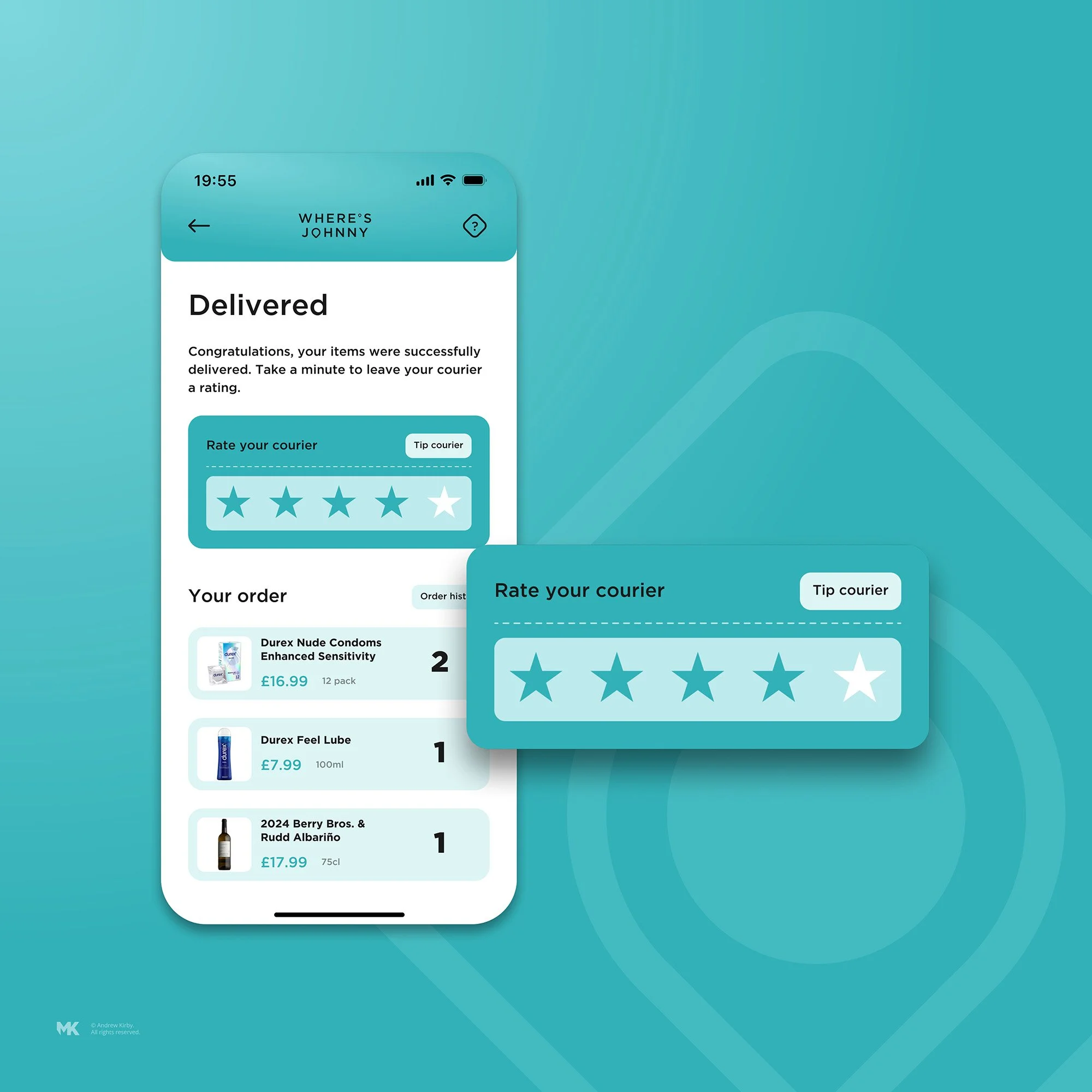 Mobile app screen showing delivery success message and a rating prompt for courier service, with star rating system highlighted.