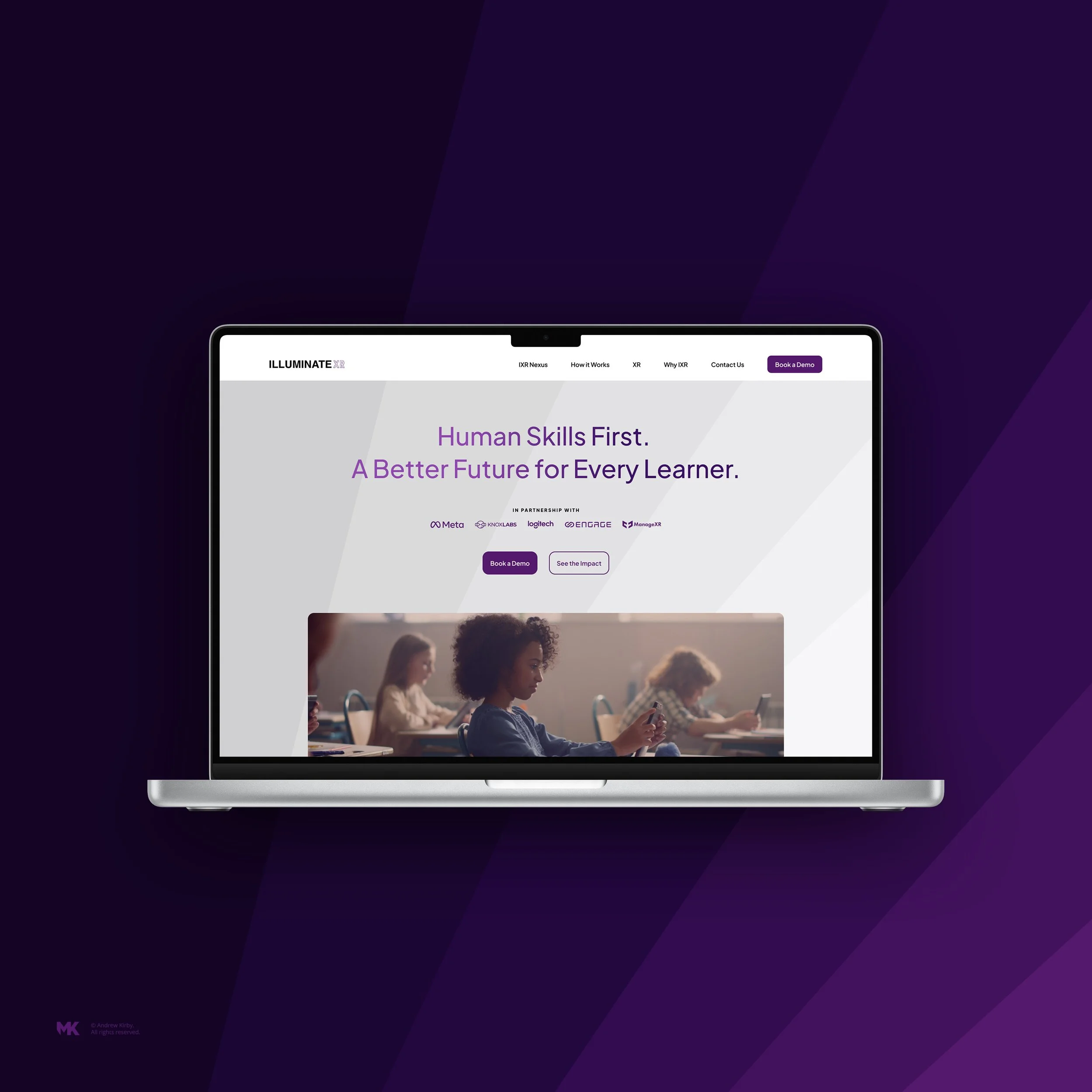 Laptop displaying a website with the text 'Human Skills First. A Better Future for Every Learner' and a photo of children using tablets in a classroom.