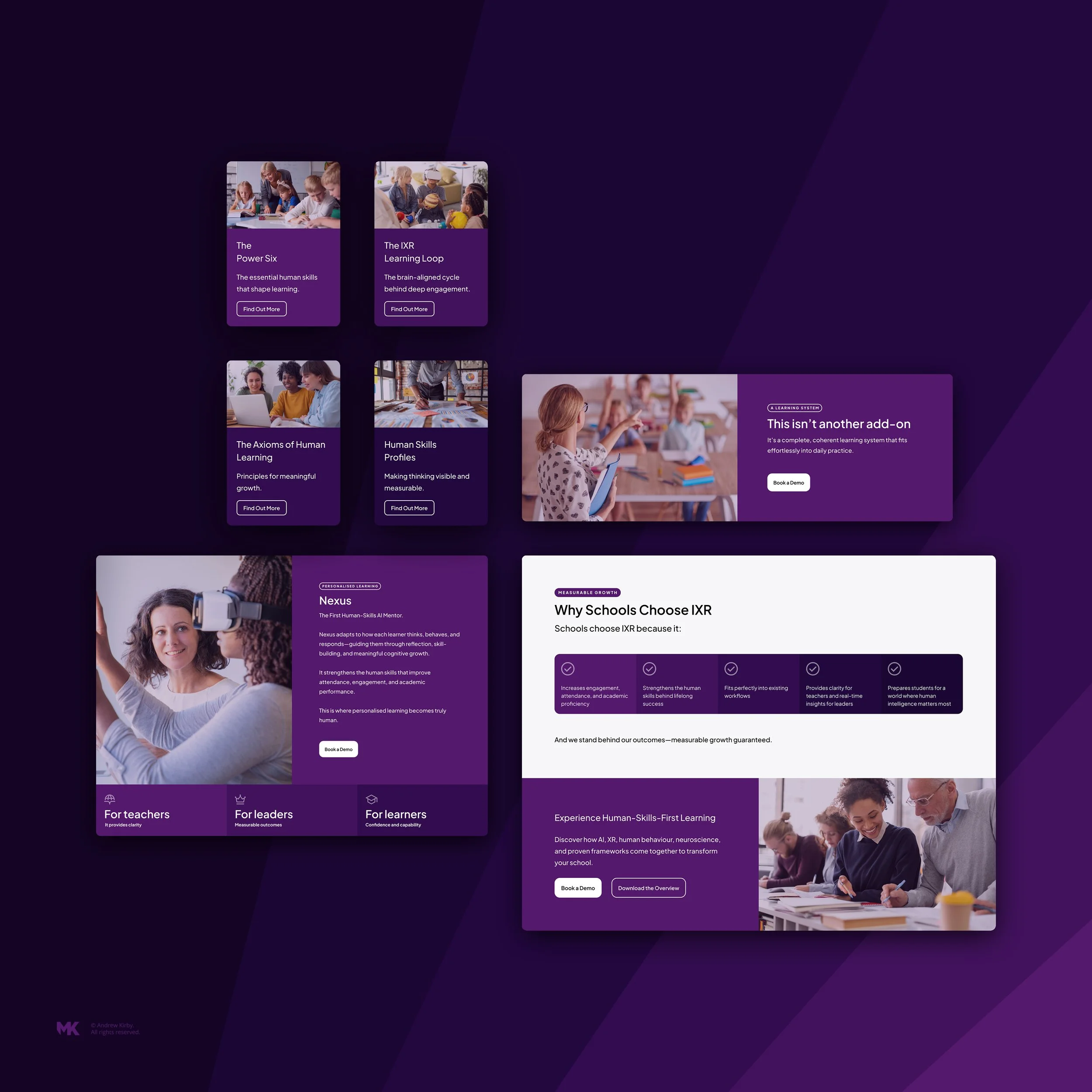 Digital marketing or educational web page layout with multiple purple-themed thumbnail cards, images of children and teachers, and informational text about learning systems and human skills.
