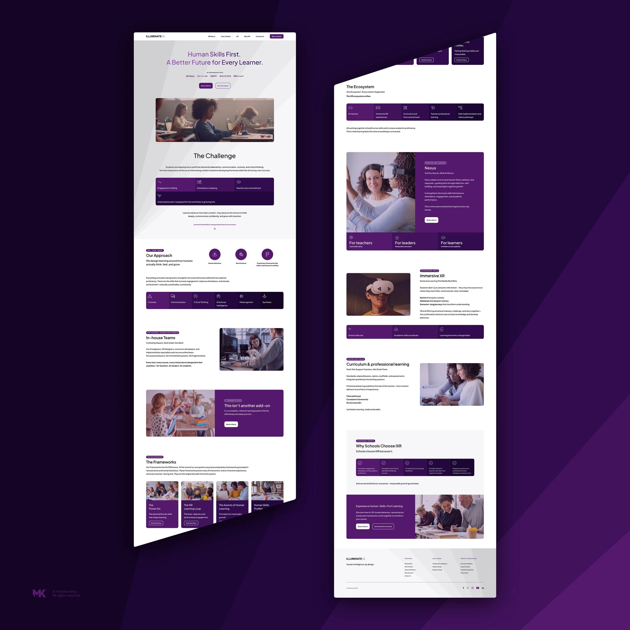 Screenshots of a website for human skills education, showing sections on the challenge, ecosystem, and curriculum, with images of students and teachers, all with a purple and white color scheme.