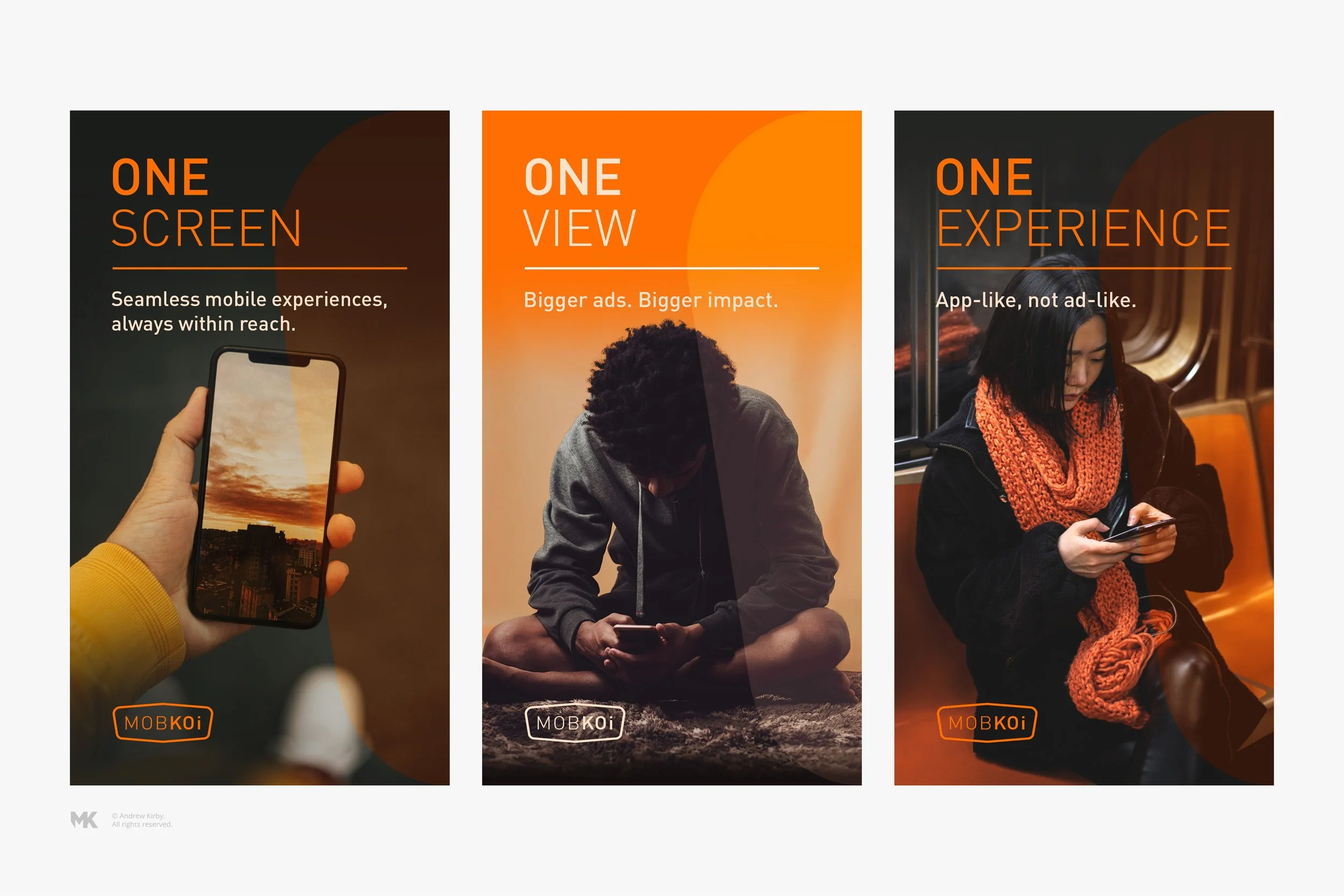 Three advertisement posters with orange and black color themes promoting mobile experience, viewing, and app usage, featuring people using smartphones in different settings.