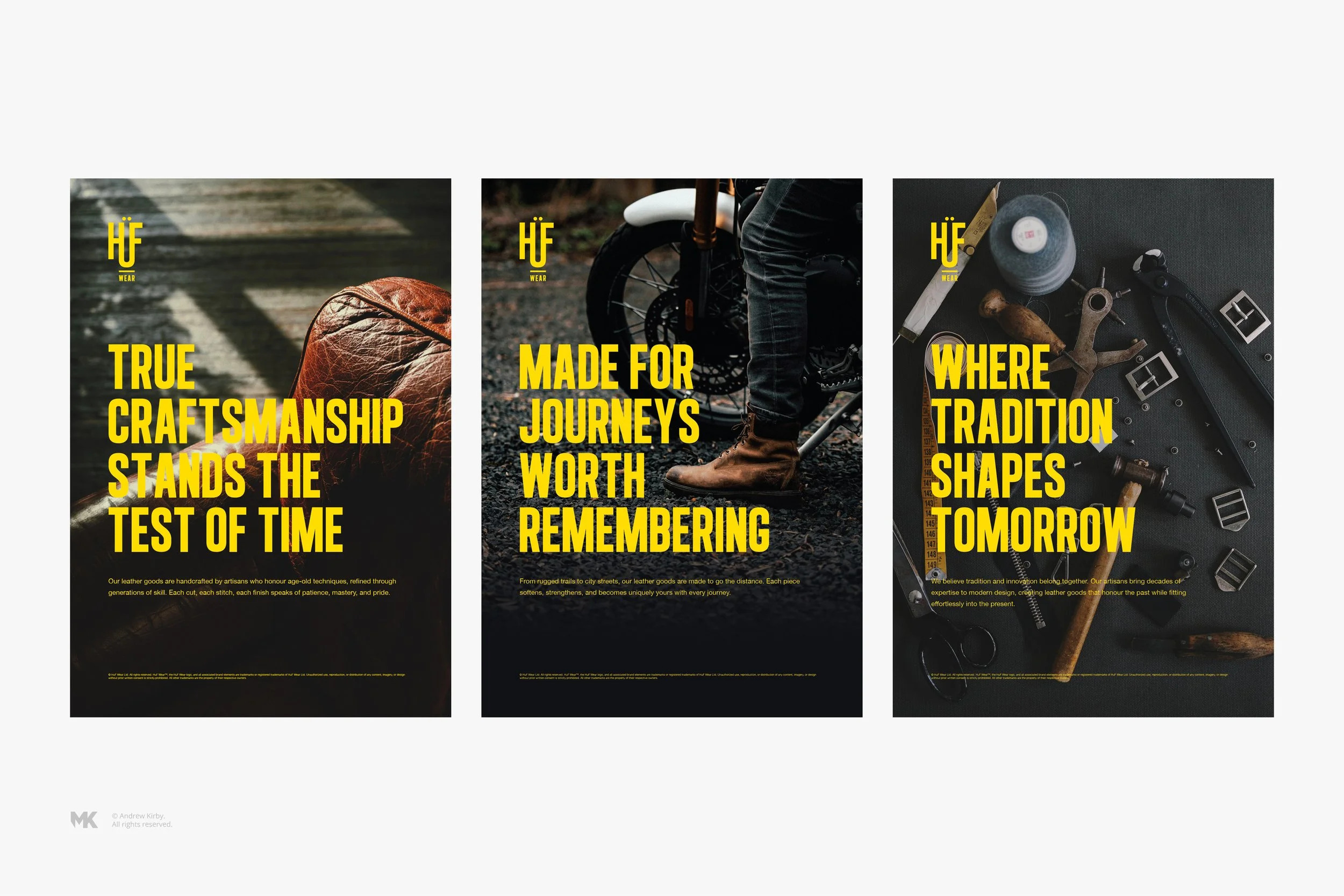 Three posters with bold yellow text over background images. The first shows a leather bag with the text 'True craftsmanship stands the test of time.' The second features a person riding a motorcycle, with the text 'Made for journeys worth remembering