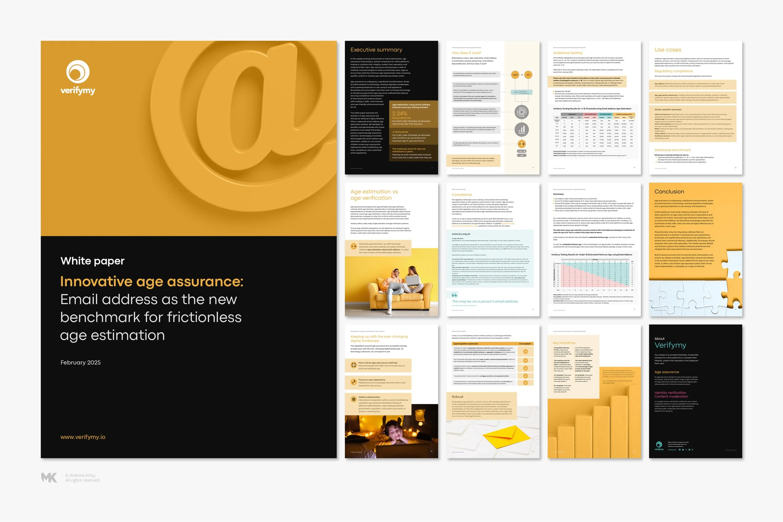 A collection of pages from a white paper titled "Innovative age assurance: Email address as the new benchmark for frictionless age estimation," published in February 2025, with sections discussing age estimation, compliance, use cases, and verificati