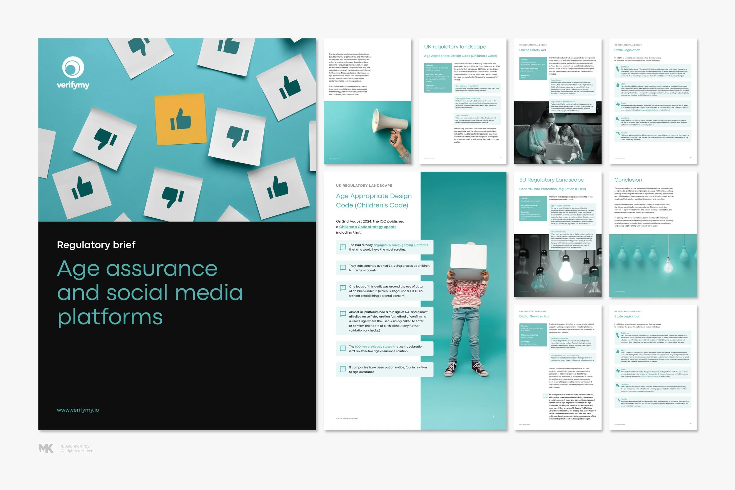 A digital magazine spread titled 'Regulatory brief' focusing on age assurance and social media platforms, with pages featuring text, images of children, and various regulatory topics.