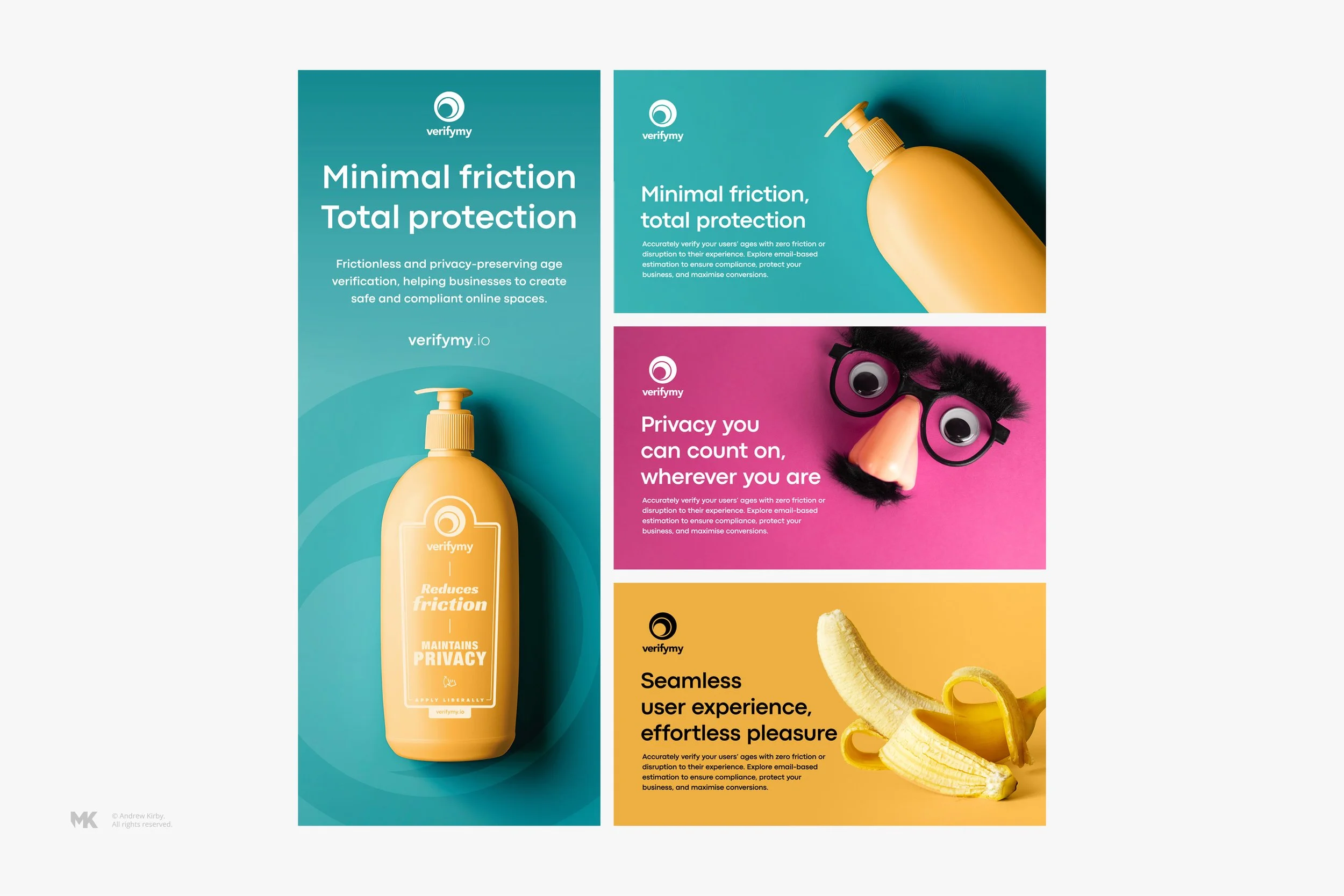 A digital advertisement for verify my, highlighting their features of minimal friction, total protection, privacy, and seamless user experience. The ad includes colorful sections with text and images: a bottle of lotion, a pump bottle, a pair of glas