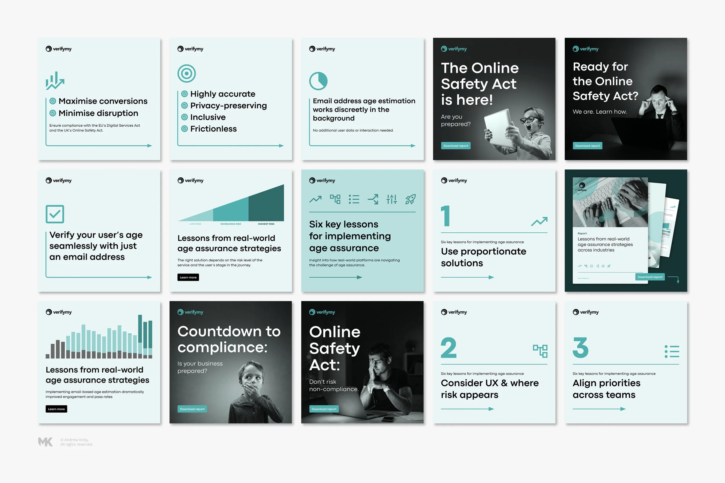 A collection of presentation slides from VerifyMy, focusing on online safety and age assurance strategies, including headlines about the online safety act, age verification, and implementation lessons.