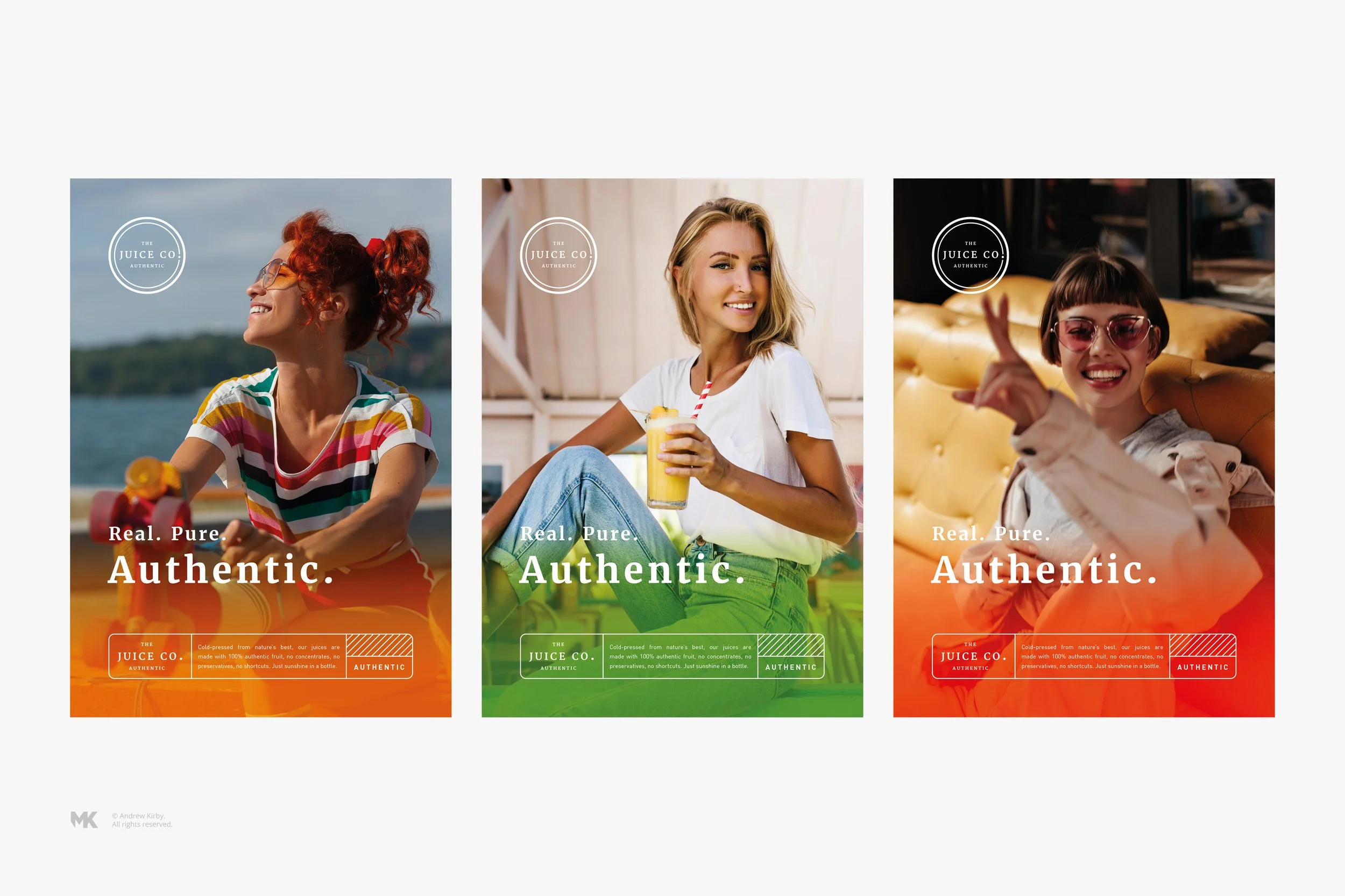 Three vibrant advertising posters for The Juice Co., each featuring a smiling woman with different backgrounds. The left shows a red-haired woman outdoors with a body of water, the middle a blonde in a cozy indoor setting holding a yellow drink, and 