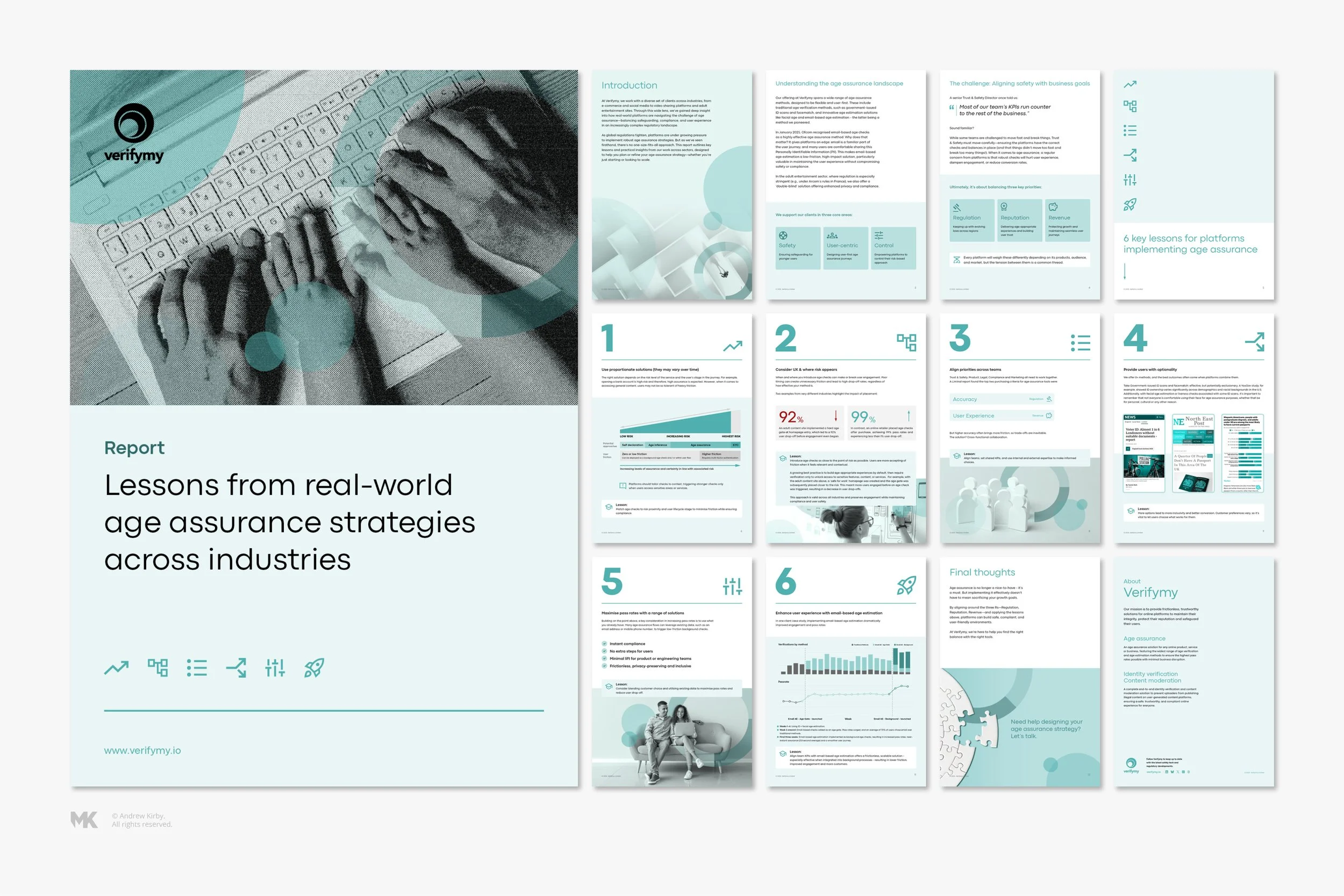 Report cover page titled "Lessons from real-world age assurance strategies across industries" with a teal and gray theme, featuring an image of hands typing on a keyboard and smaller preview pages of the report.