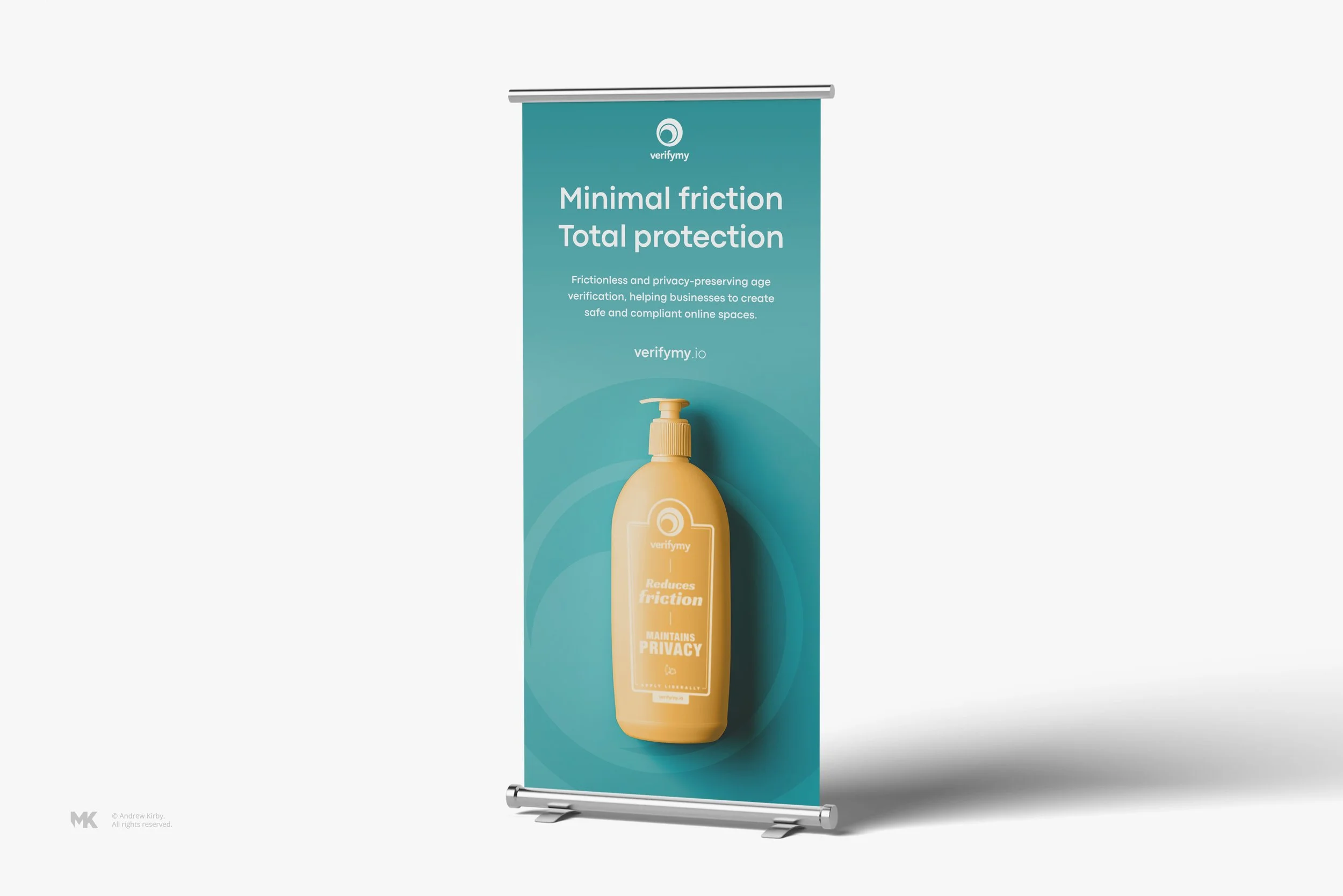 A vertical promotional banner with a blue background, showcasing a beige bottle of hand sanitizer with a pump. The banner features text about minimal friction and total protection, emphasizing privacy and age verification services provided by verifym