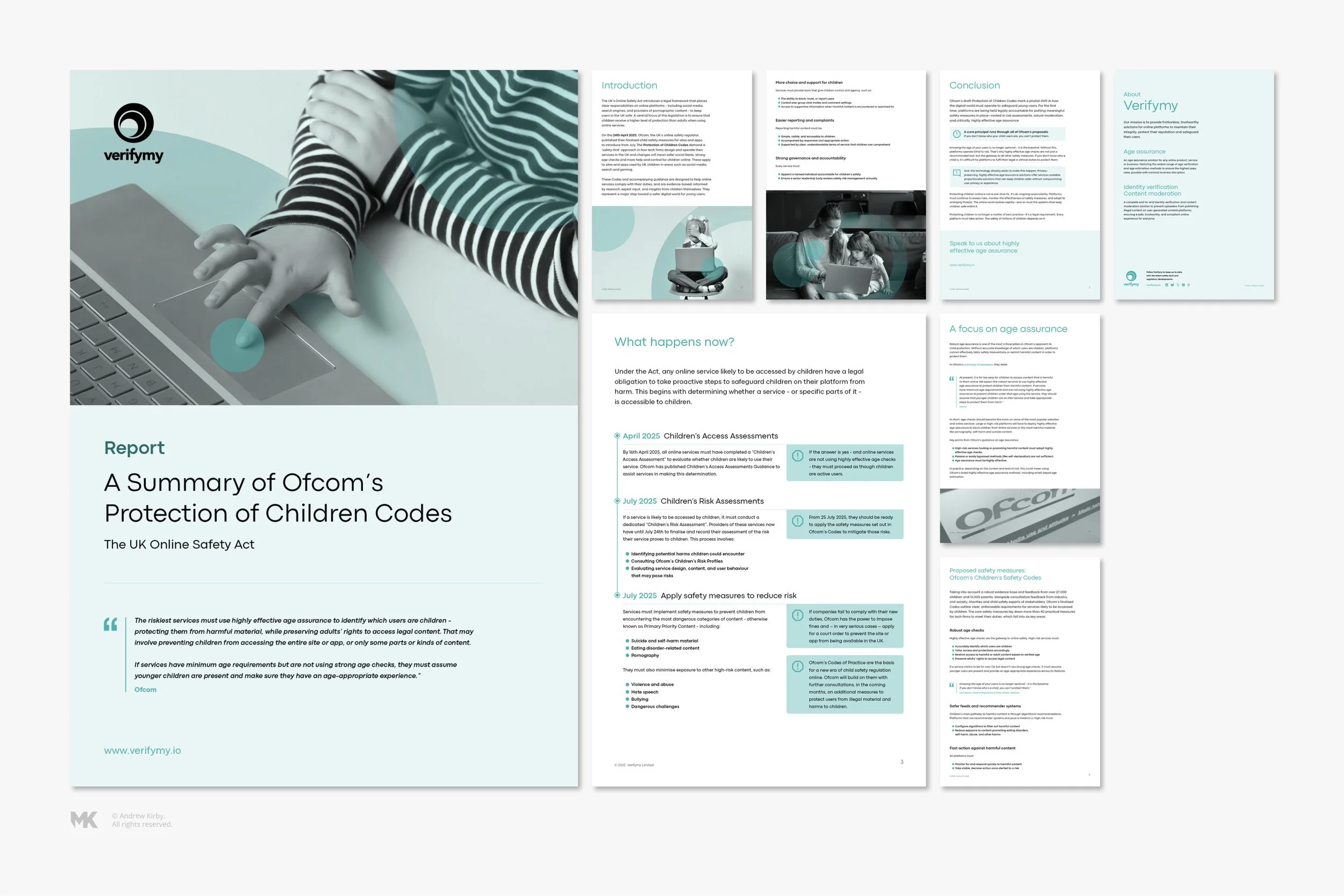 Cover page of a report titled 'A Summary of Ofcom’s Protection of Children Codes.' The cover features a black and white image of a child's hand touching a laptop touchpad, with a logo and website address at the bottom left.