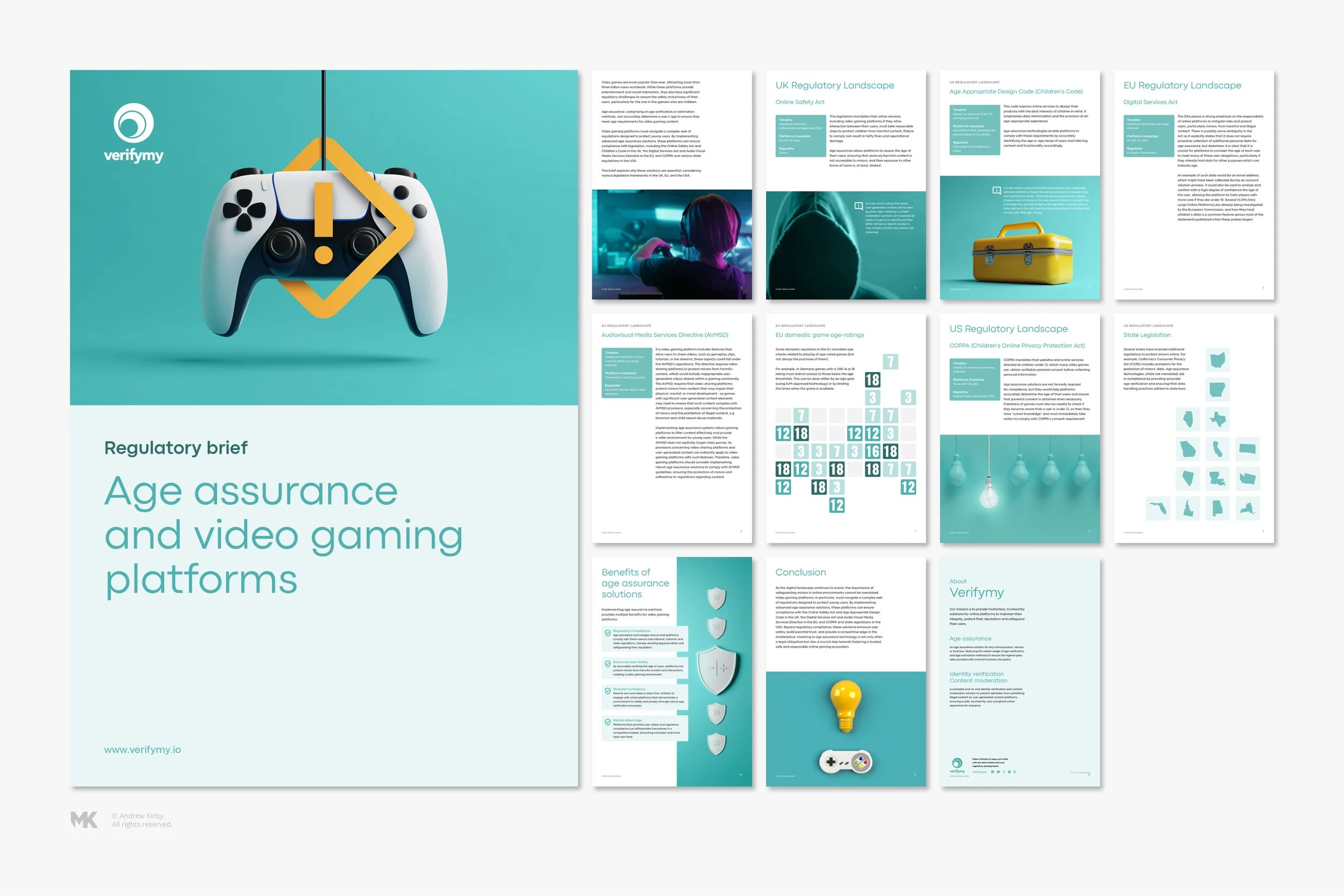Overview of a regulatory brief titled 'Age assurance and video gaming platforms' with multiple pages of text, charts, and graphics, including a gaming controller, shields, lightbulb, and map icons, on a light blue background.