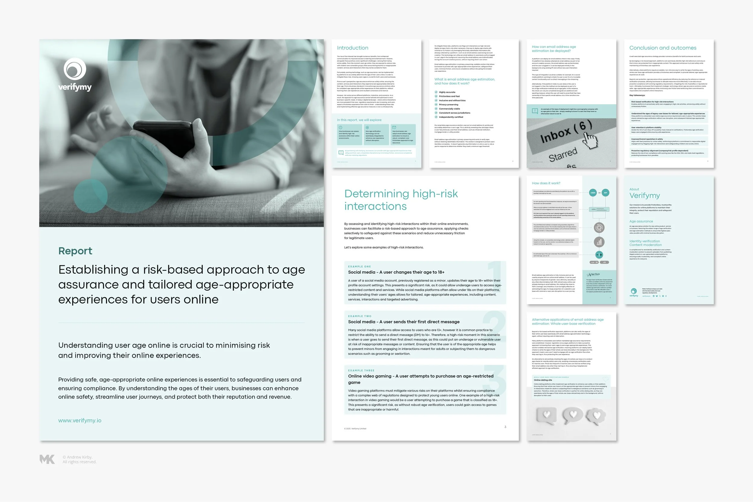 A collage of a report cover and several pages of a document, with a background image of a person using a smartphone, and the logo of VerifyMy on the report cover.