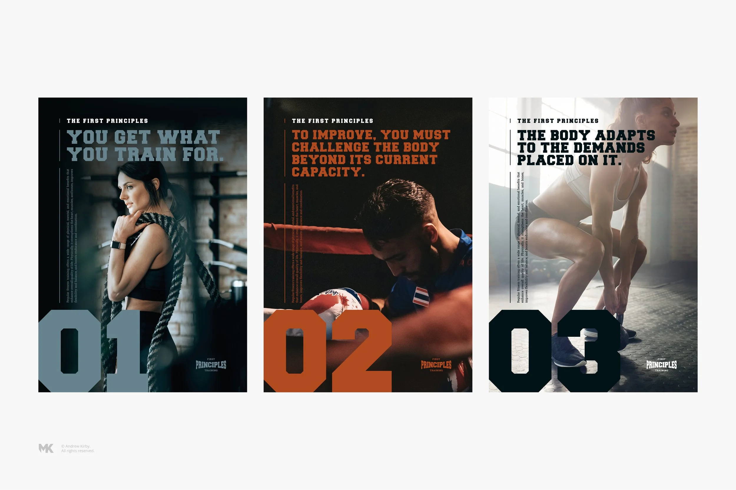 Three fitness posters with motivational quotes. Poster 1 shows a woman with workout ropes, with the text 'You get what you train for.' Poster 2 features a man boxing, with the quote 'To improve, you must challenge the body beyond its current capacity