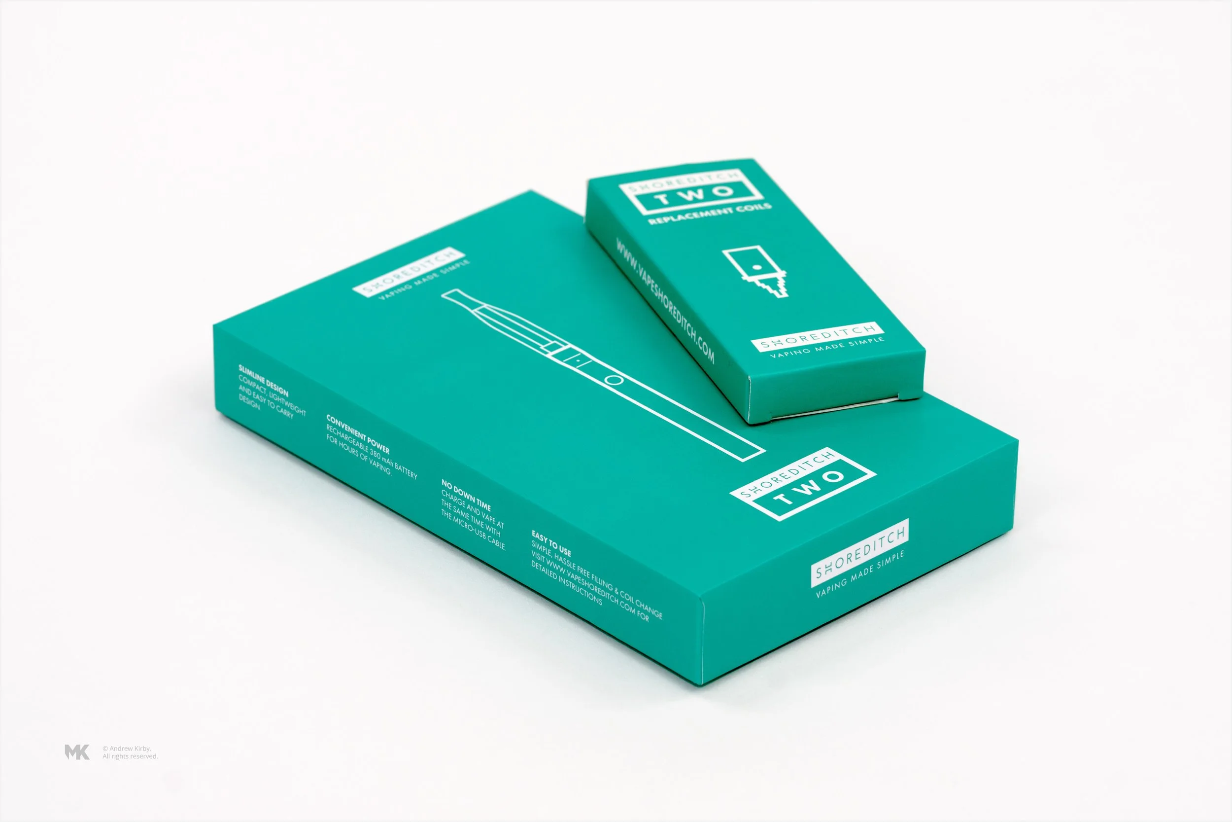 Teal-colored retail packaging for Shoreditch Two vape replacement coils, featuring a line drawing of a vape pen on the front and product details on the sides, placed on a white background.