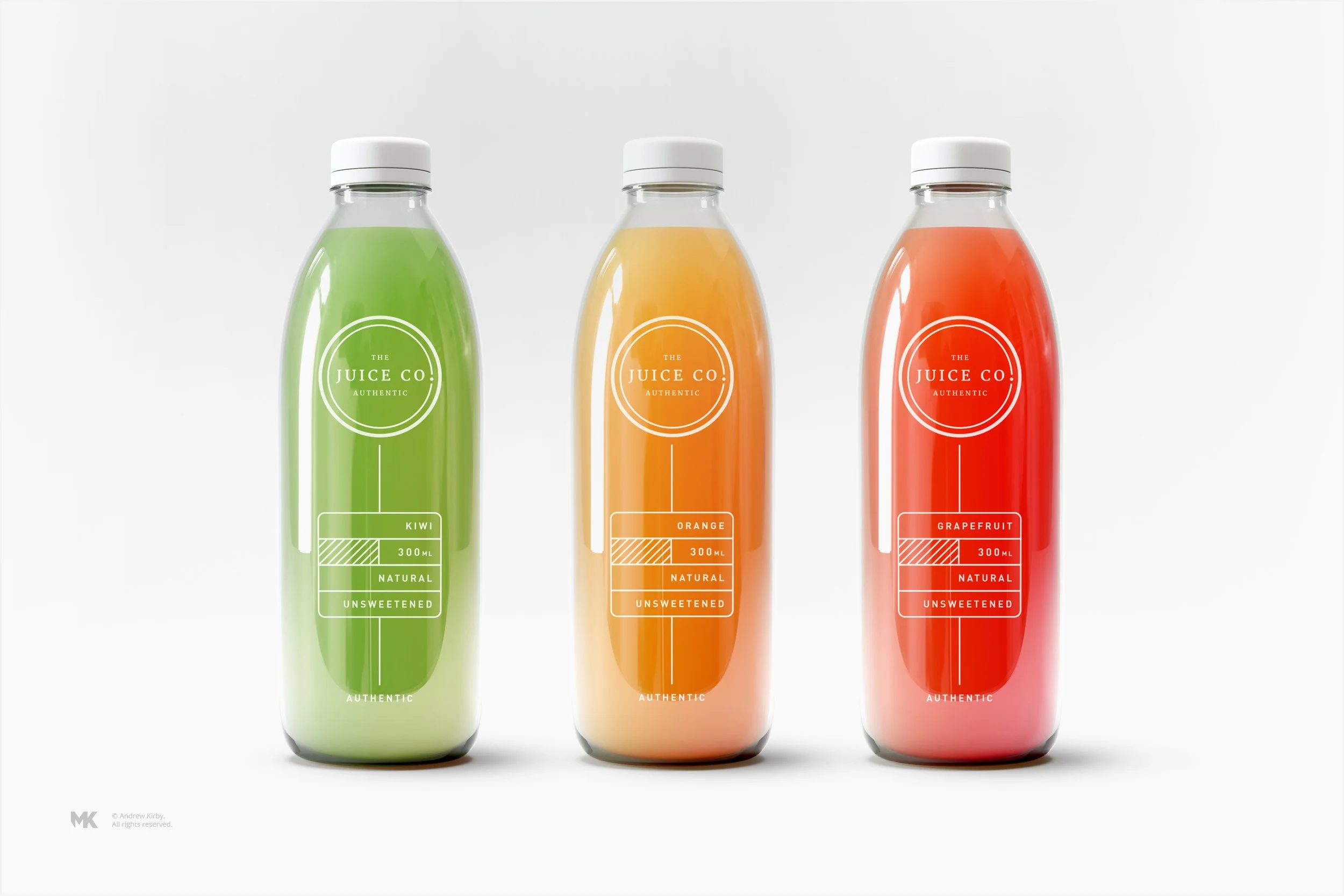 Three bottles of juice labeled kiwi, orange, and grapefruit with white caps and minimalist white labels on a plain white background.