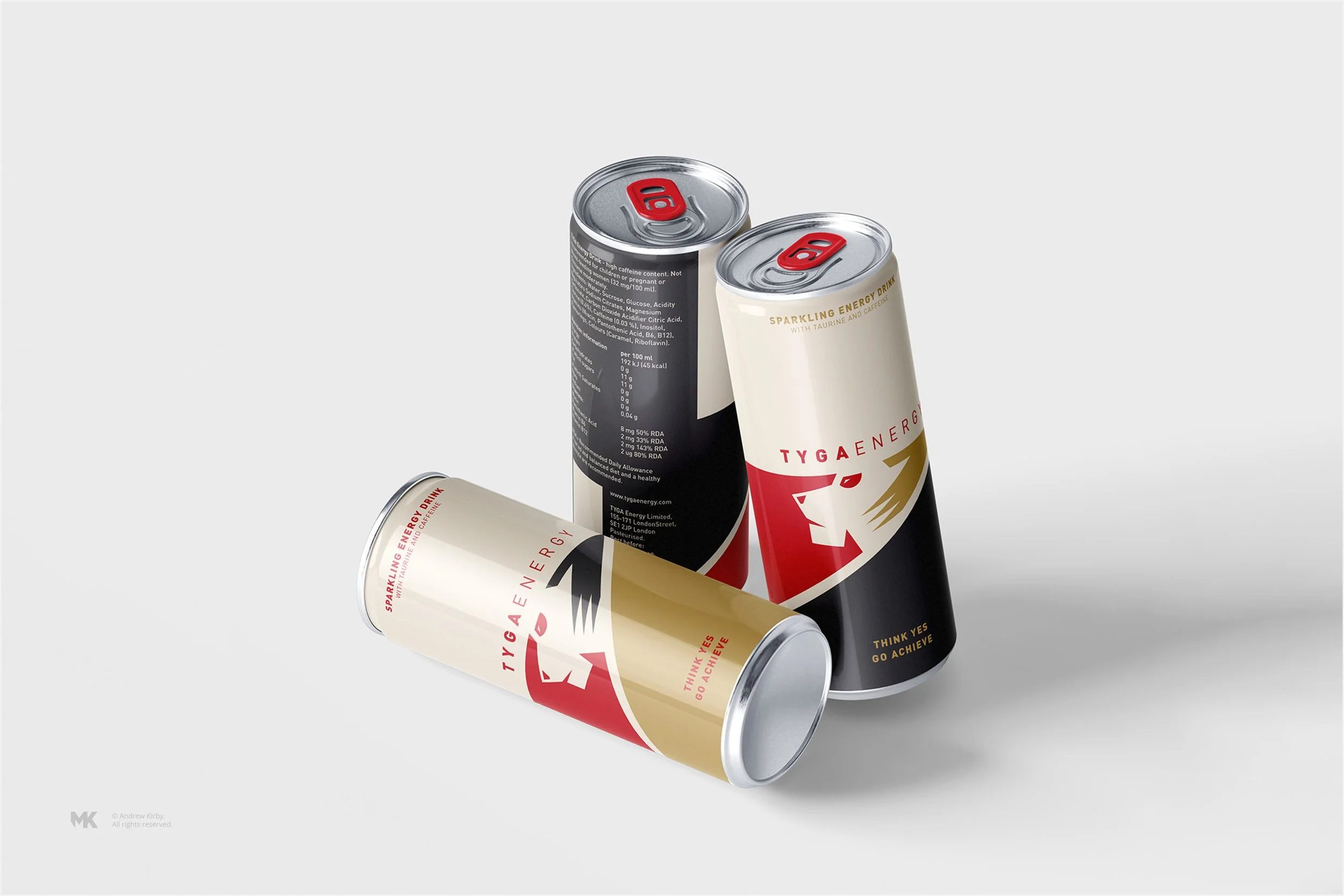 Three cans of TYG_AENERGY sparkling energy drink with a lion logo, one lying down and two standing on a light gray surface