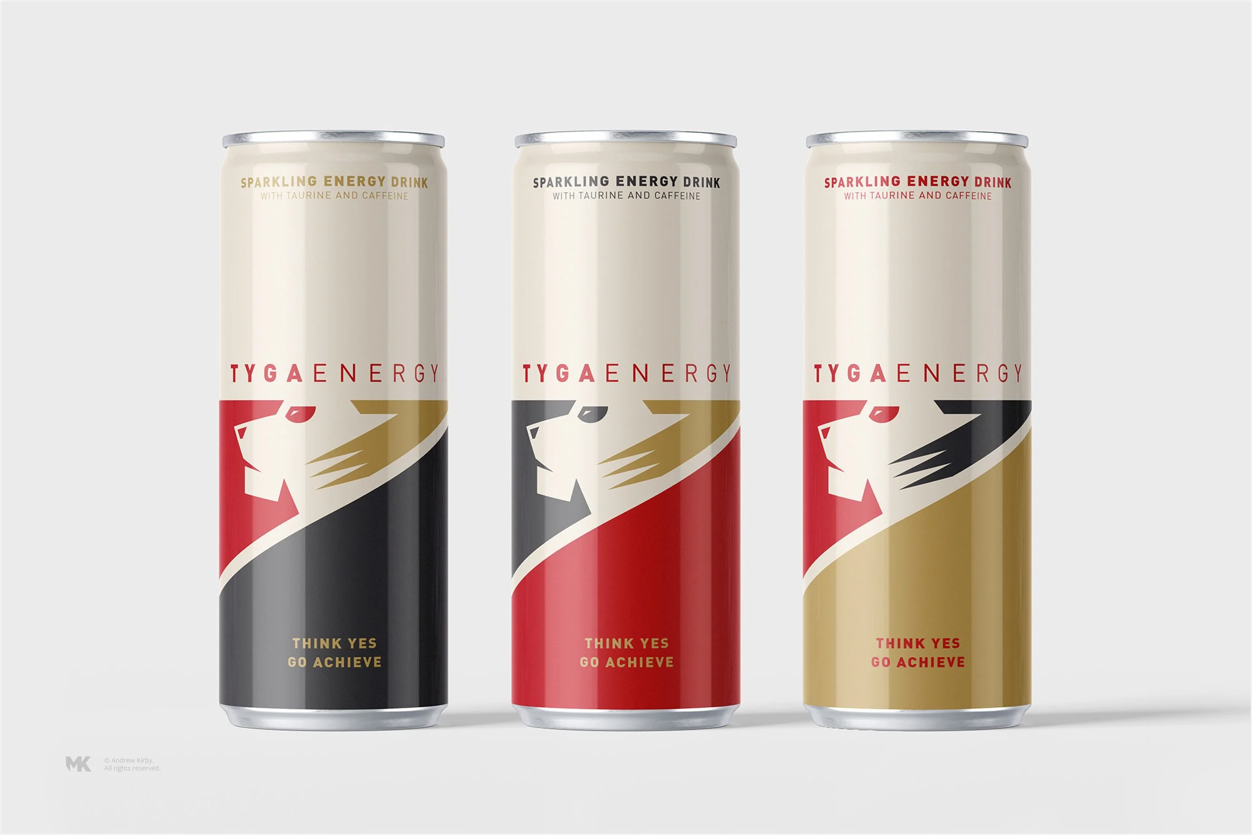 Three cans of energy drink with stylized lion logo, with black, red, and gold color schemes, labeled as 'TYGA ENERGY' with the phrase 'THINK YES GO ACHIEVE' at the bottom.