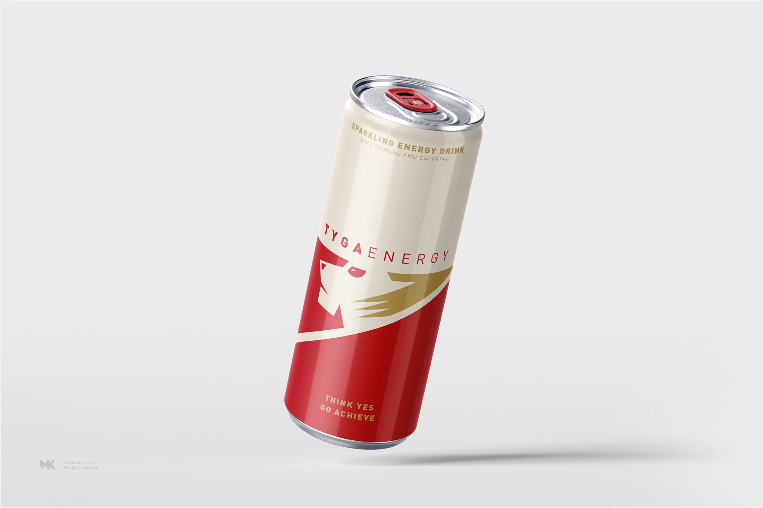 A red and white energy drink can with a lion logo and the text 'TIGER ENERGY' and 'THINK YES GO ACHIEVE' on a light gray background.