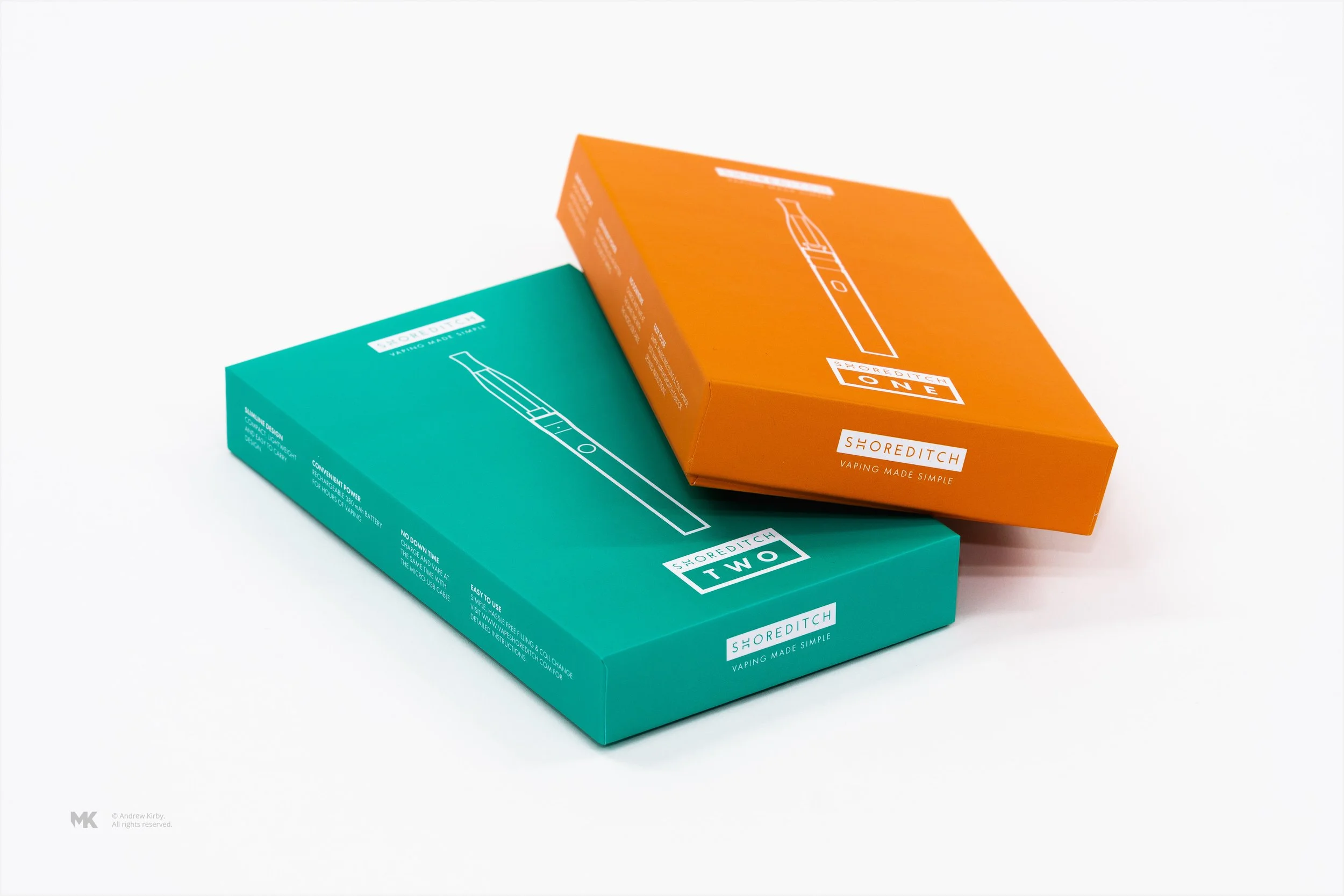 Two vape device boxes, one teal and one orange, with simple line drawings of the devices on top and the brand name Shoreditch, with the teal box labeled Two and the orange box labeled One, on a plain white background.