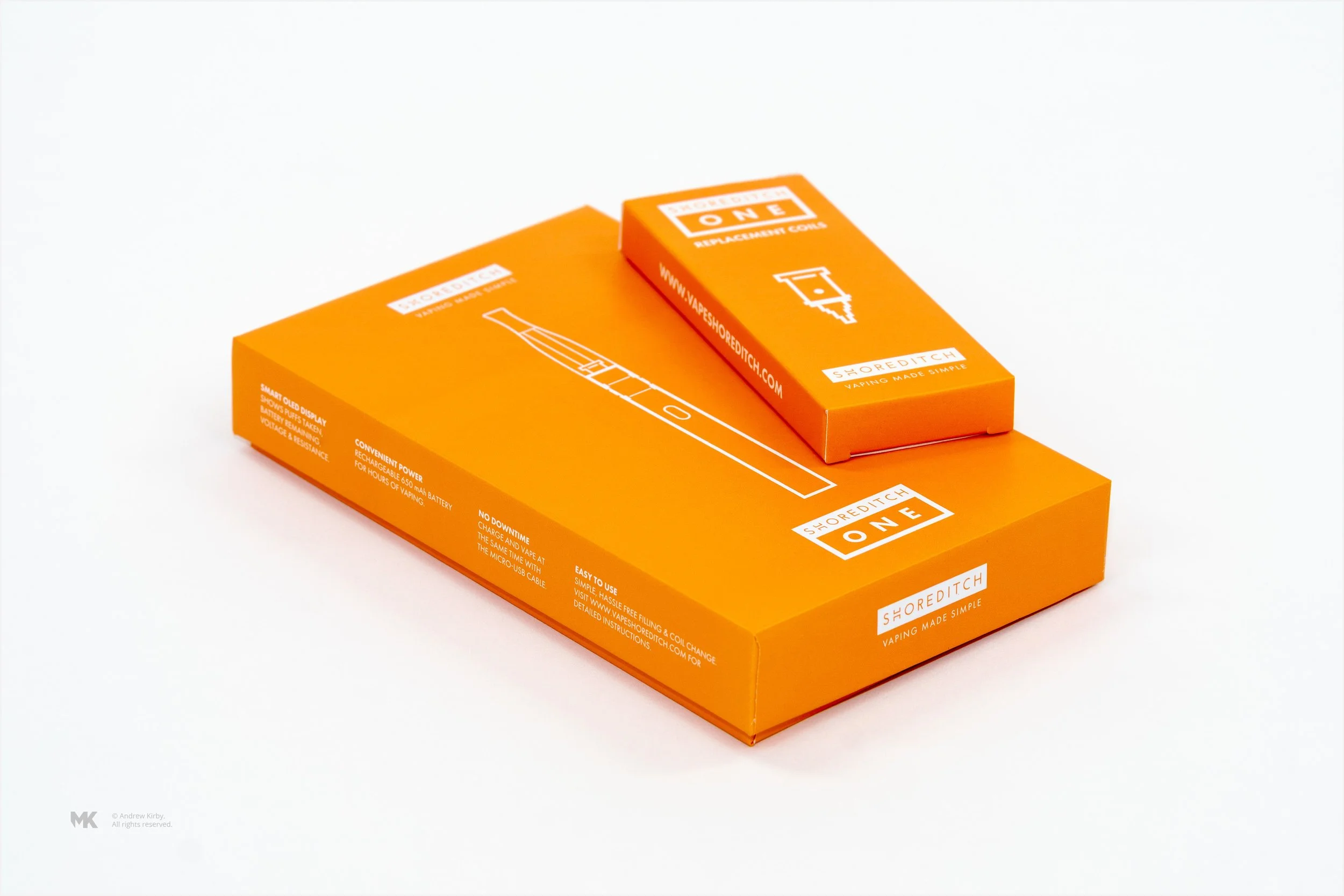 Orange vape coil replacement packaging and vape device box with Shoreditch ONE branding.
