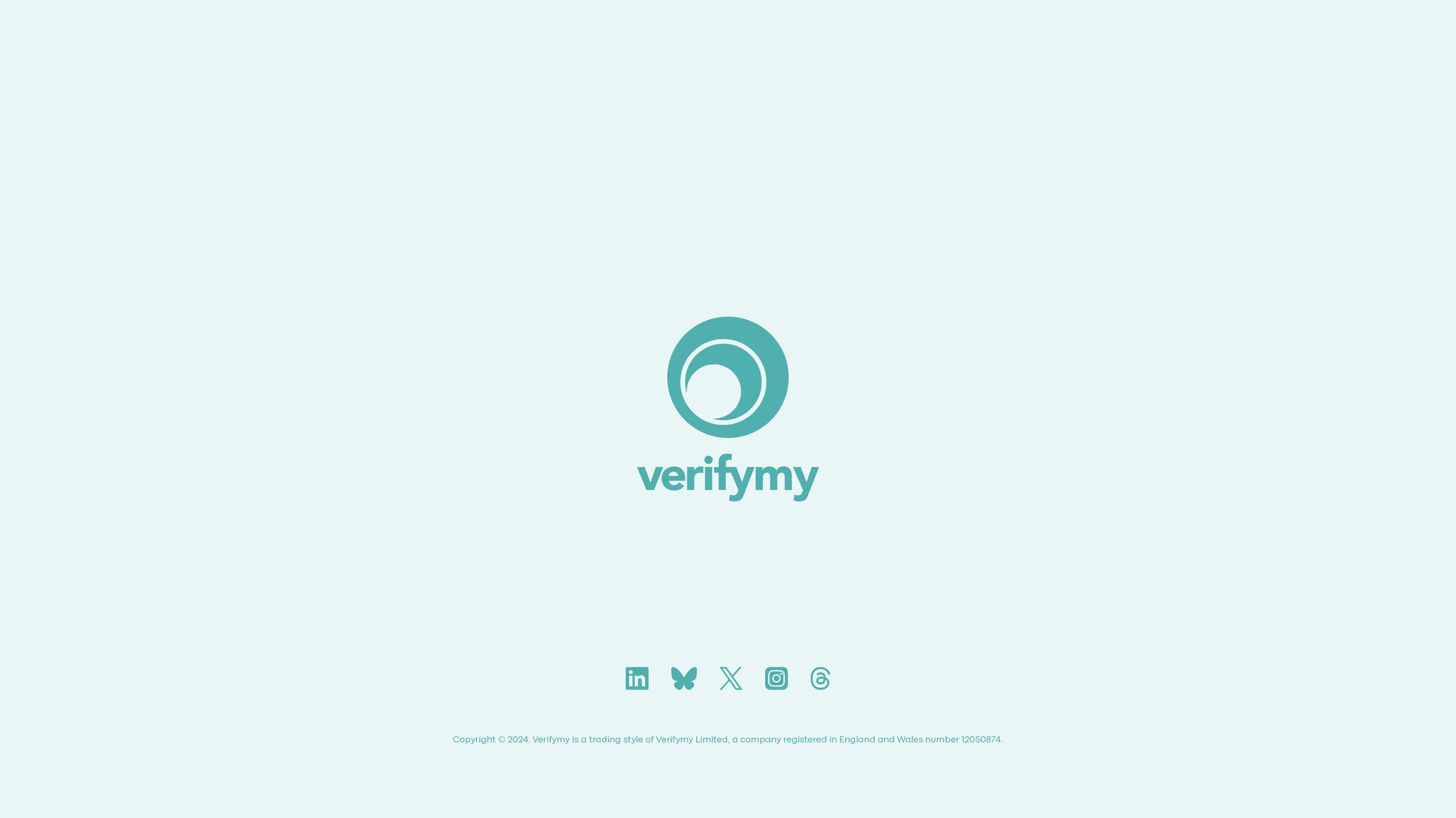 VerifyMy website homepage with logo, social media icons, and copyright information.