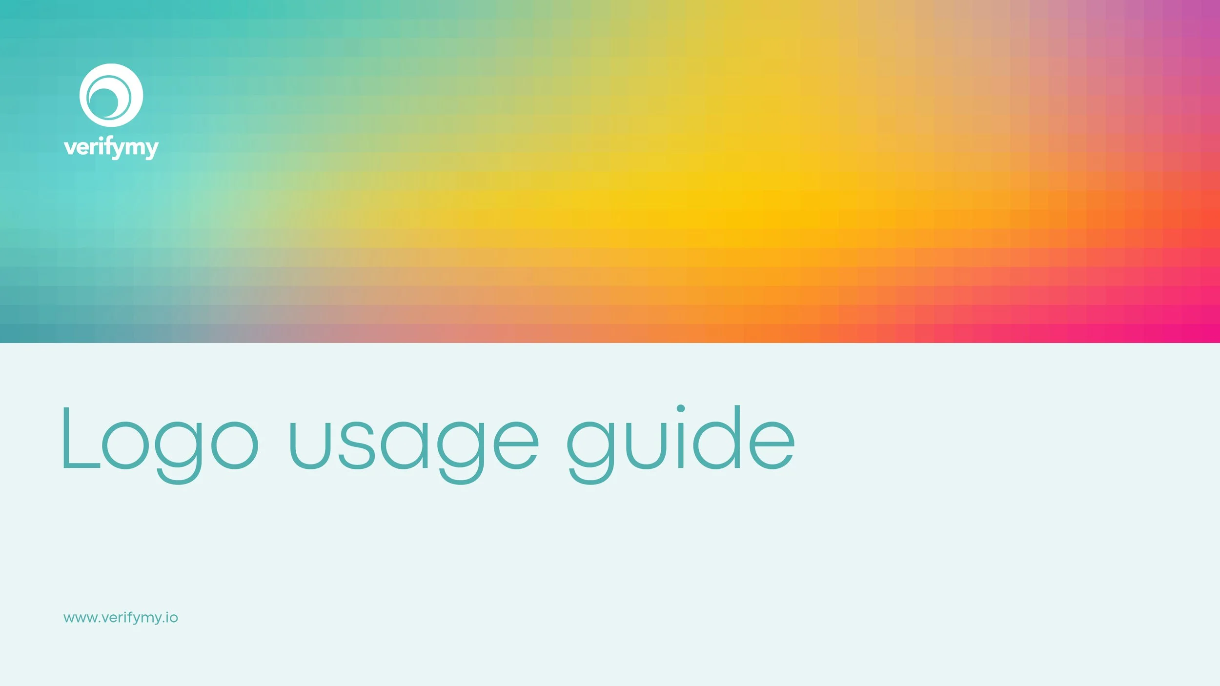 A colorful gradient background with the white VerifyMy logo and the words "Logo usage guide" and the website URL www.verifymy.io.