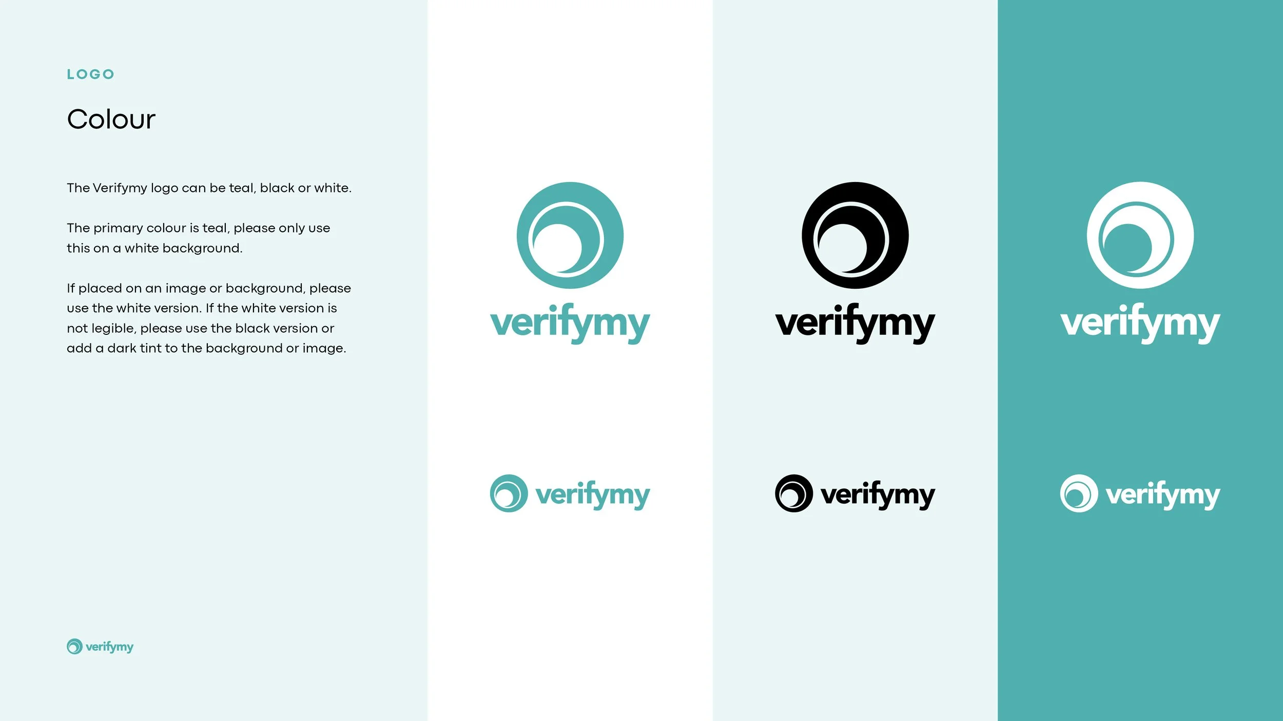 A guide illustrating different versions of the VerifyMy logo. It shows three logos in teal, black, and white with a circular design, accompanied by descriptive text about the logo colors and usage instructions.