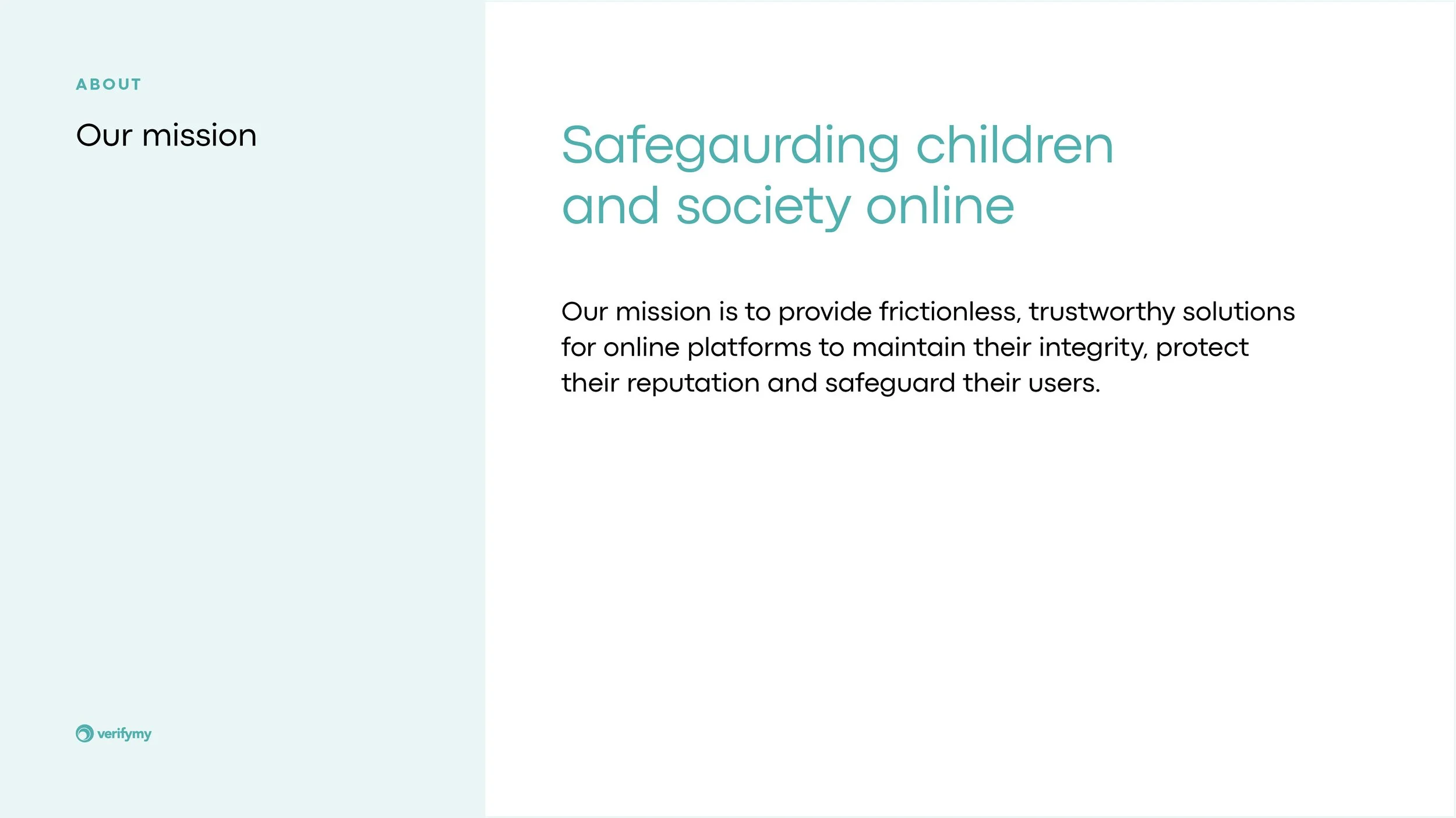 Website page with a mission statement about safeguarding children and society online, featuring a light blue background, black and teal text, and the verifymy logo in the bottom left corner.