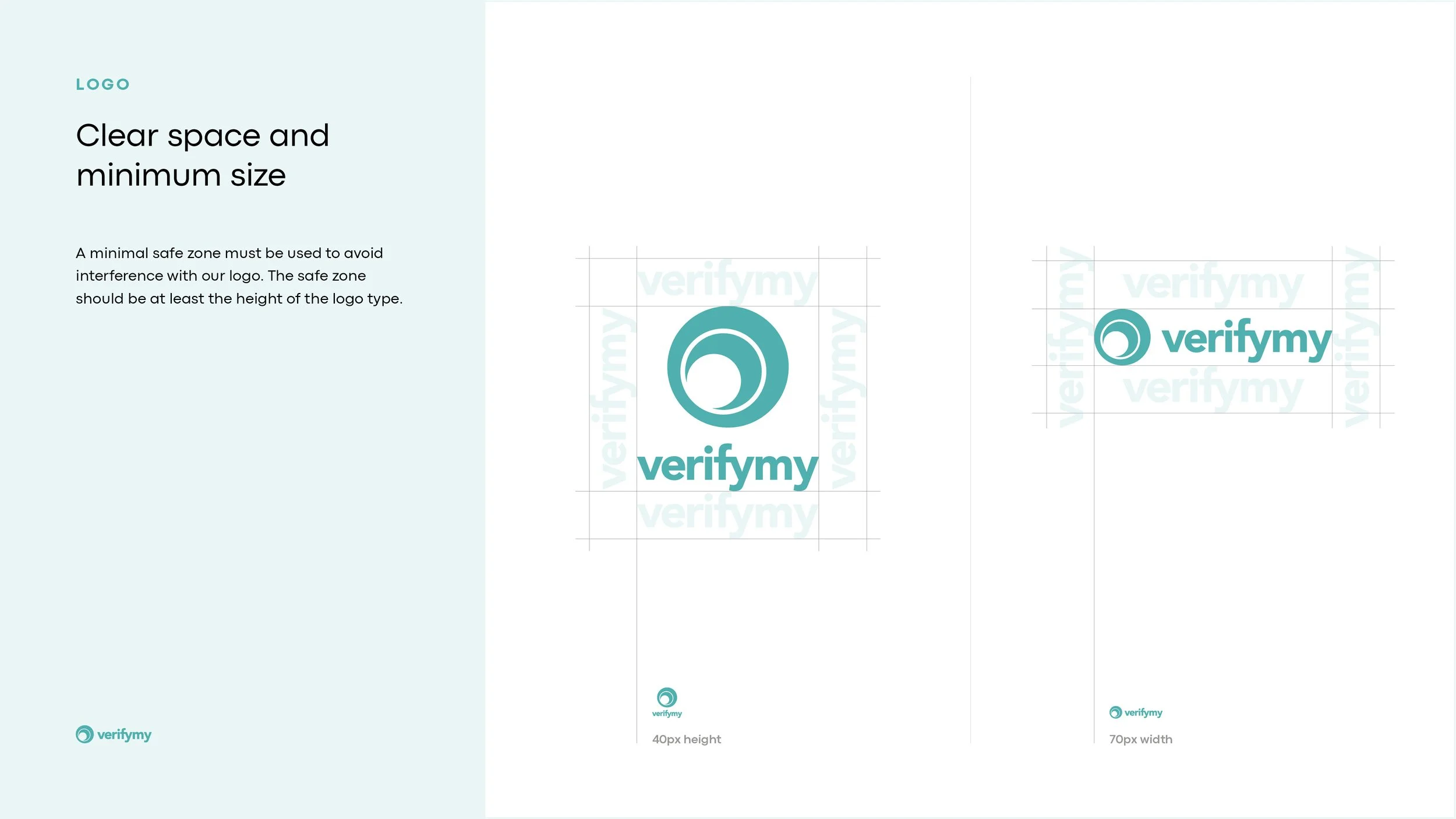 Design guidelines showing the verification logo in different sizes with the caption 'Clear space and minimum size.'