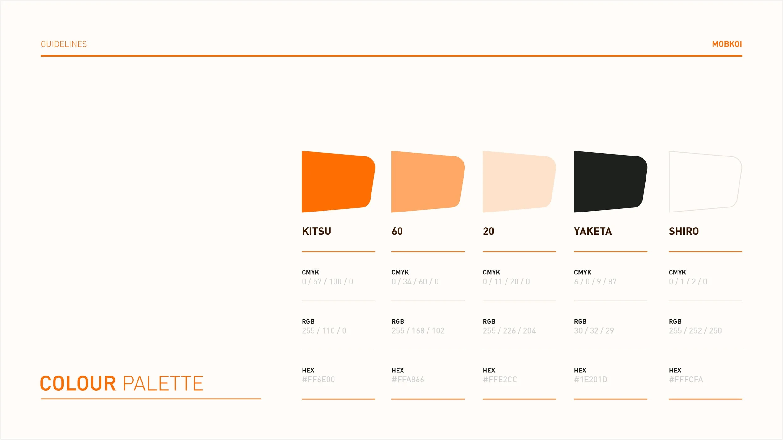 An image showing a color palette in shades of orange, black, and white, labeled KITSU, 60, 20, YAKETA, and SHIRO. Each color swatch includes CMYK, RGB, and HEX color codes.