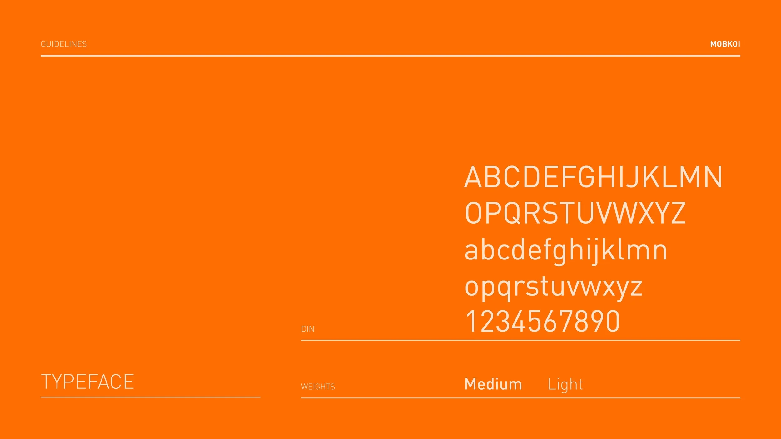 A color palette guide with orange background, displaying the typeface alphabet in uppercase and lowercase, numbers, and labels indicating 'GUIDELINES,' 'TYPEFACE,' 'WEIGHTS,' 'Medium,' and 'Light.'
